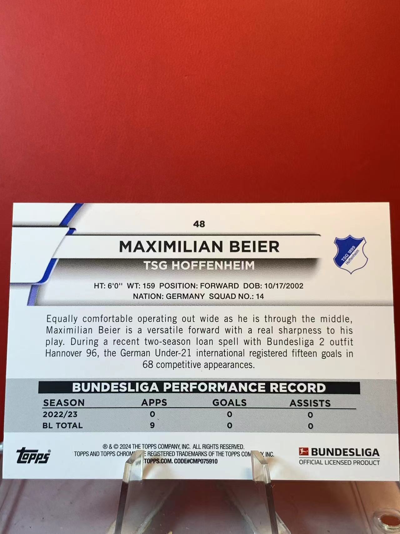 (詹叔代拍)屯新秀!2023-24 Topps Chrome 德甲 MAXIMILIAN BEIER RC 拜尔 霍芬海姆 新秀 226/250编 顺丰寄付 泰山