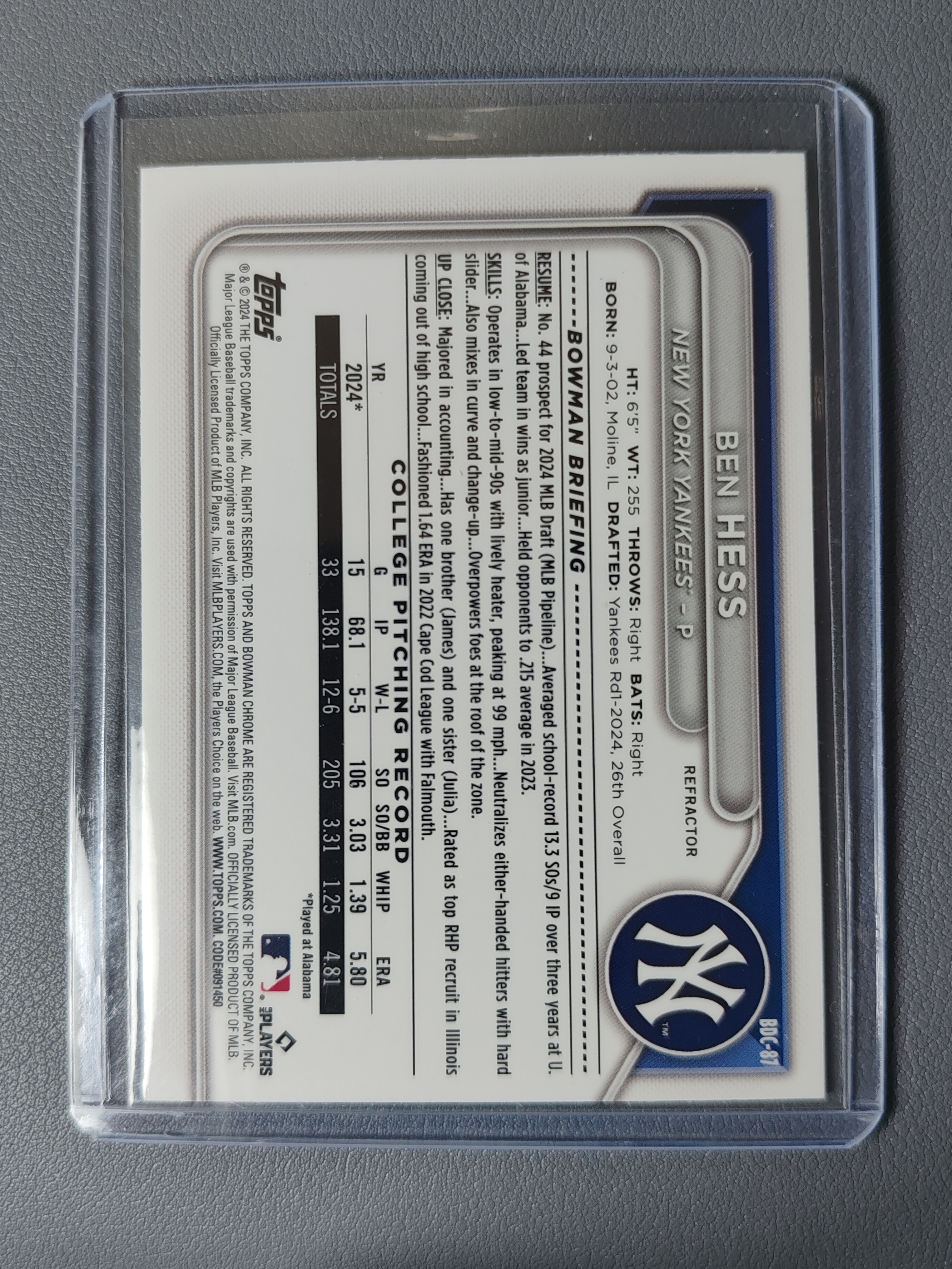 2024 Topps Bowman Ben Hess RC 1st 银折!【001】