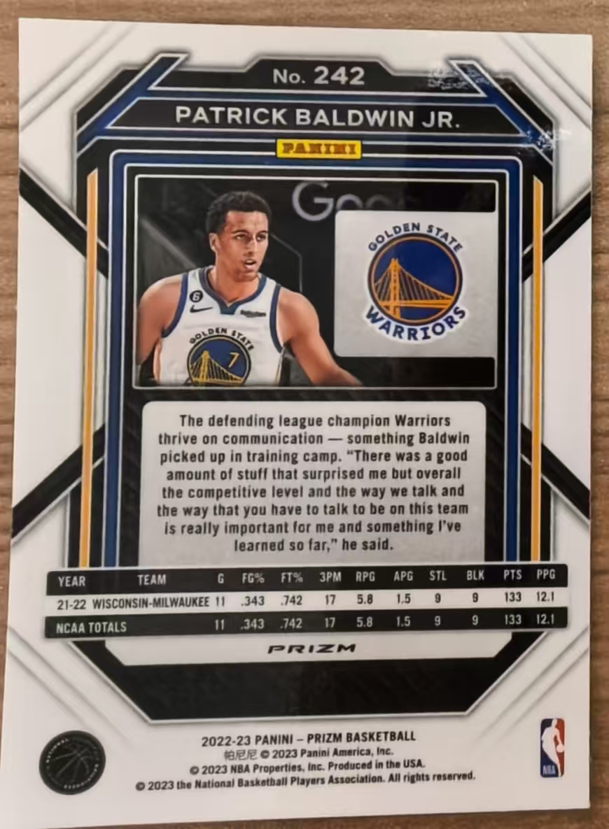 2022-23 Panini Prizm Patrick Baldwin Jr. 小帕特里克 鲍德温 RC 新秀 白碎冰 勇士