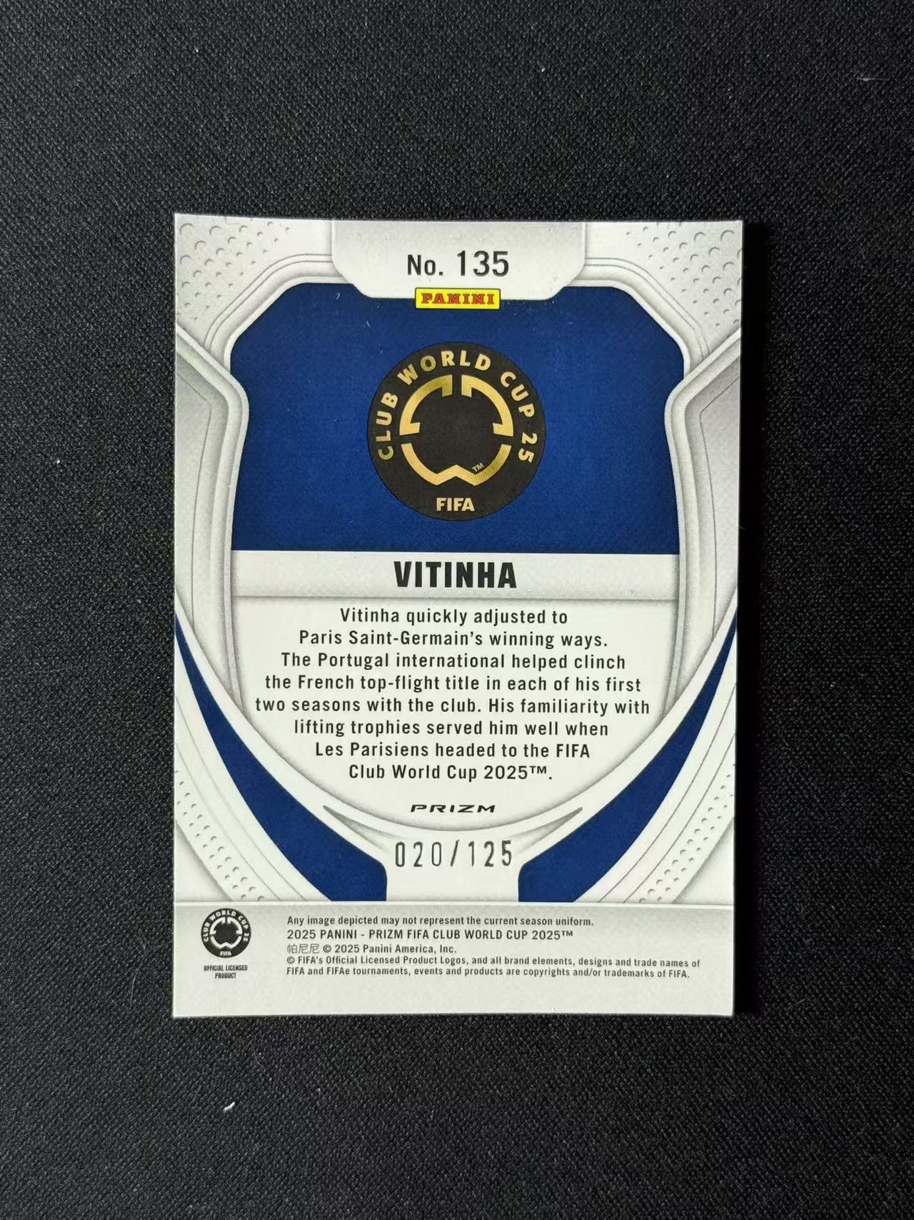 2025 Panini Prizm Vitinha 【林林拍卖HXC】pz系列 世俱杯 巴黎圣日耳曼 维蒂尼亚 020/125编 紫折 base