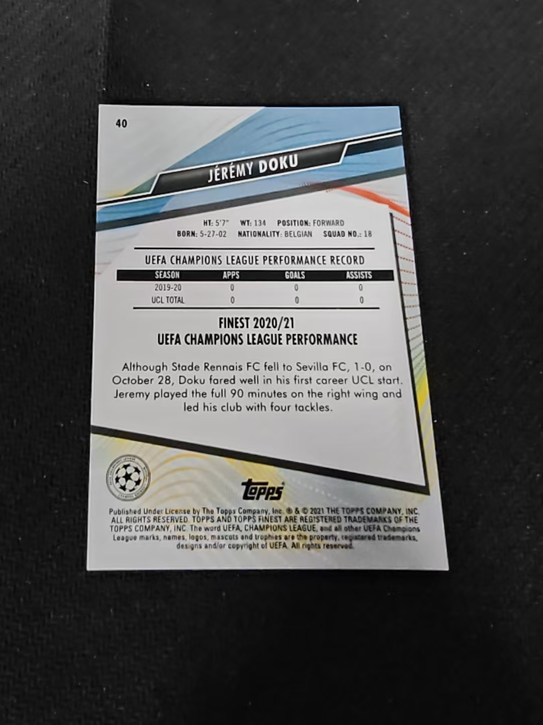 【可合并,不累计】2021 Topps finest Jérémy Doku RC 欧冠 多库 新秀 划痕 边角瑕疵 #40