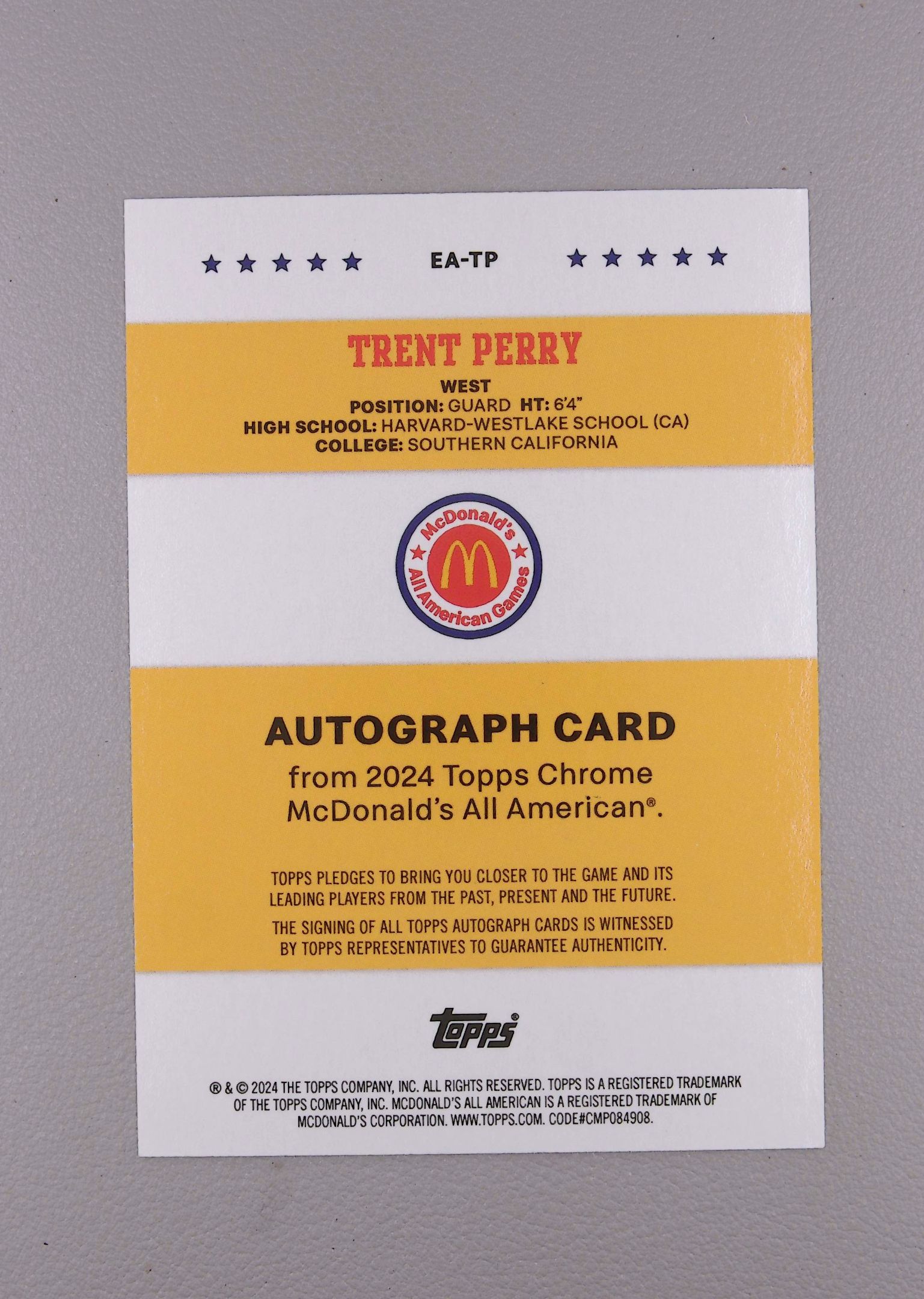 2024 Topps other Trent Perry 特伦特 佩里 麦当劳全明星 签字 小凯代拍 (Nico) 实卡超美 收藏投资 卡品如图