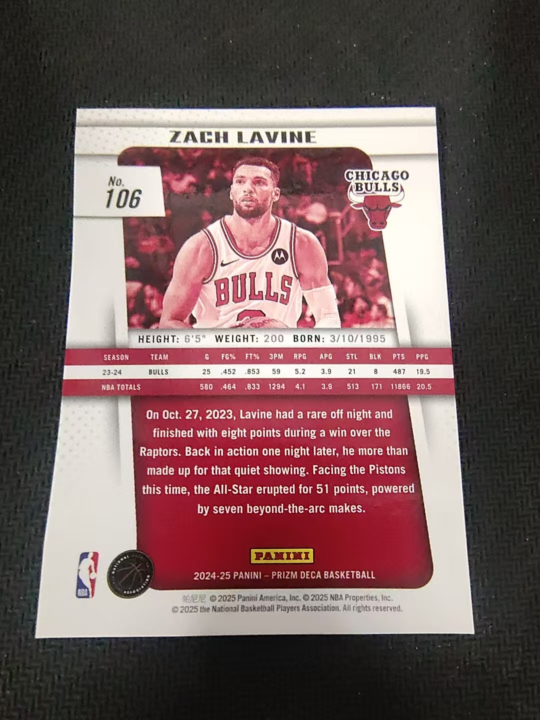【可合并,不累计】2024-25 PANINI Prizm Zach LaVine DECA 扎克 拉文 公牛 PZ 复刻 划痕 边角瑕疵 #106
