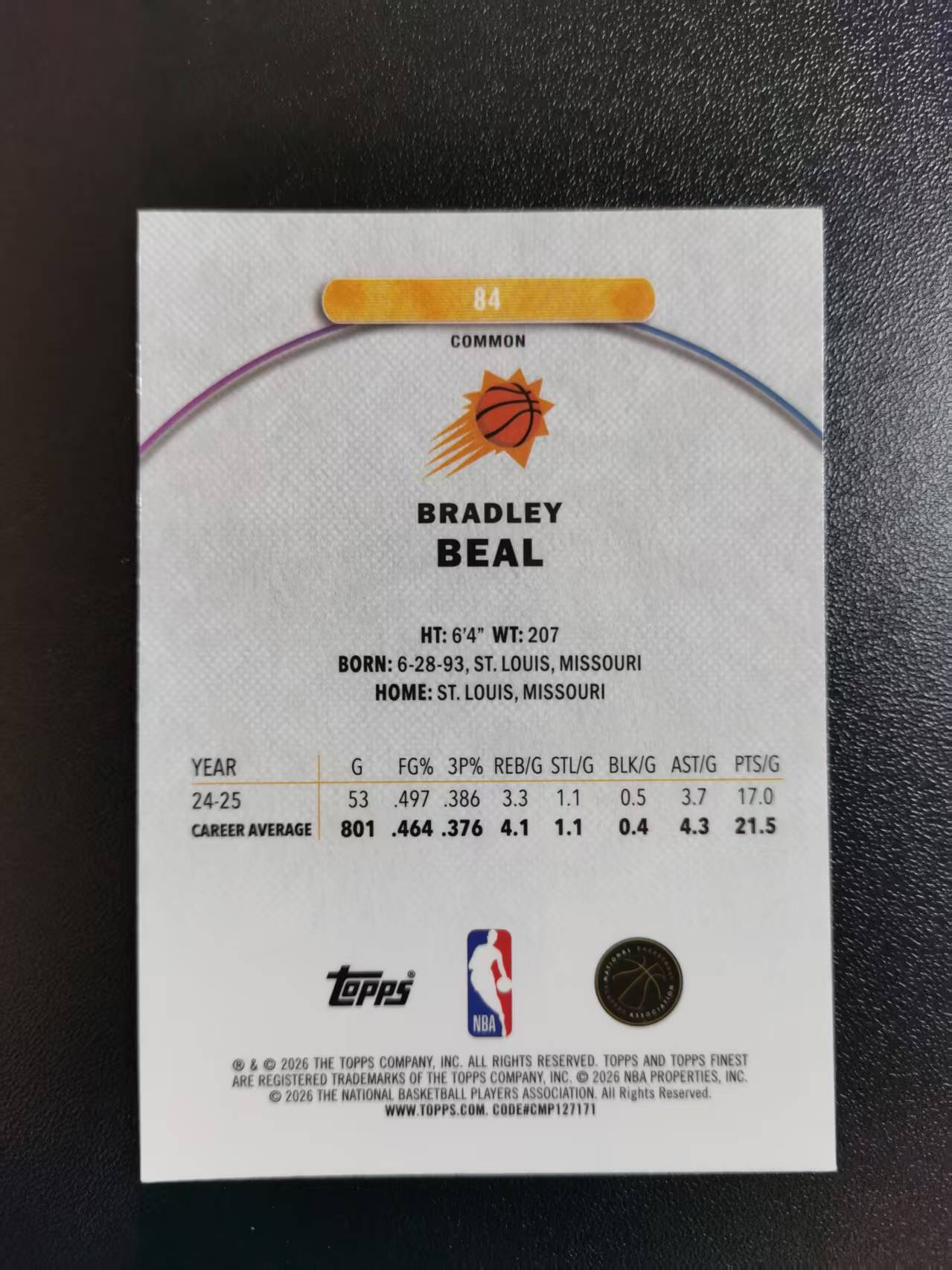 2026 Topps Finest Bradley Beal 布拉德利比尔 太阳 一级 收藏凑套 卡品如图 免费代拍CC02