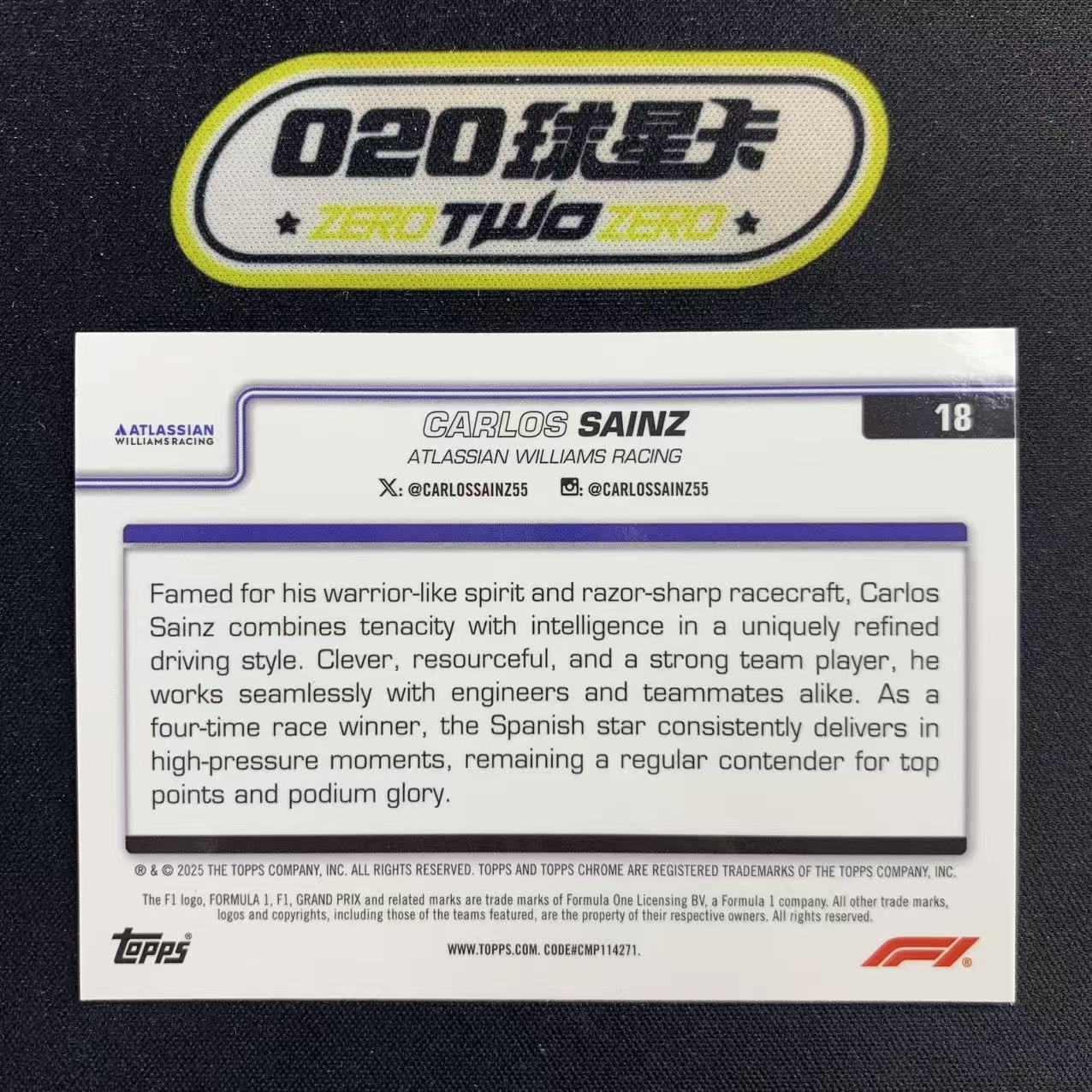 2025-26 Topps Chrome Carlos Sainz 卡洛斯 塞恩斯 215/250编 定妆照 粉熔岩折 威廉姆斯车队 微瑕如图 *KENJi