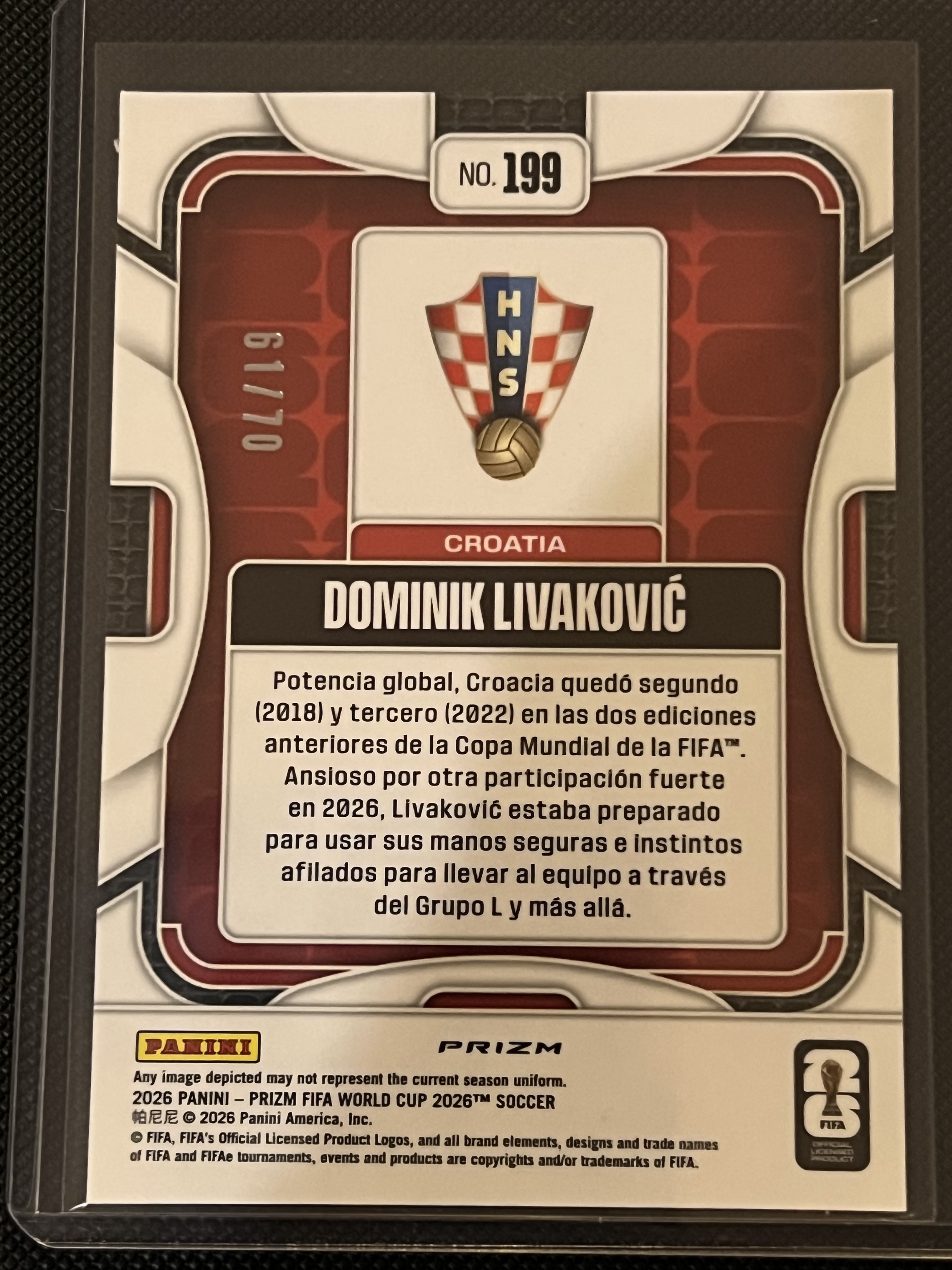 2026 Panini Prizm World Cup Dominik Livakovic #199 克罗地亚 多米尼克·利瓦科维奇 70编 平行 折射卡!!凑套必备!!