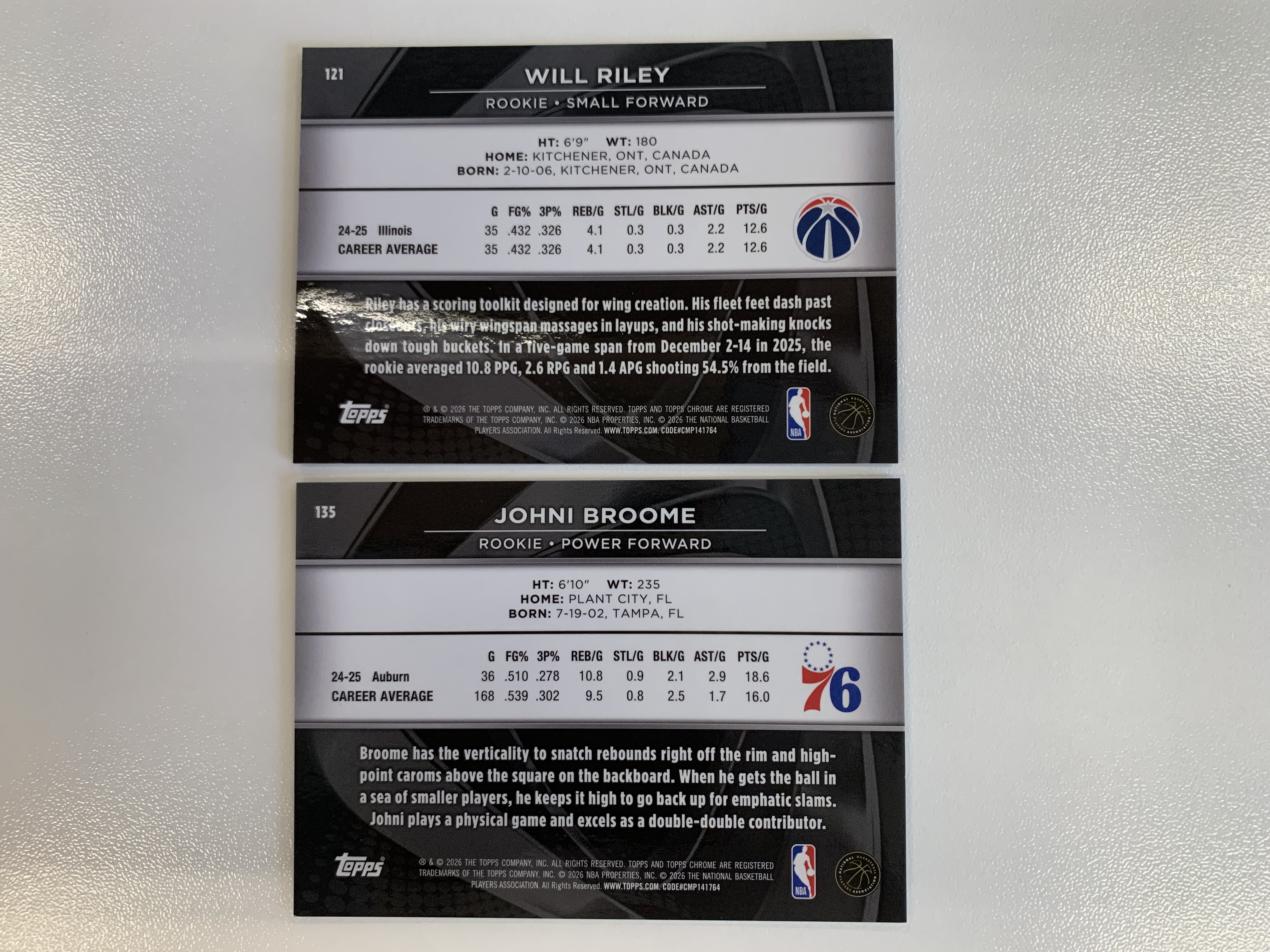 2025‑26 Topps Chrome Black Will Riley Johni Broome 威尔莱利 布鲁姆 新秀RC 折射打包 299编 150编 SBX