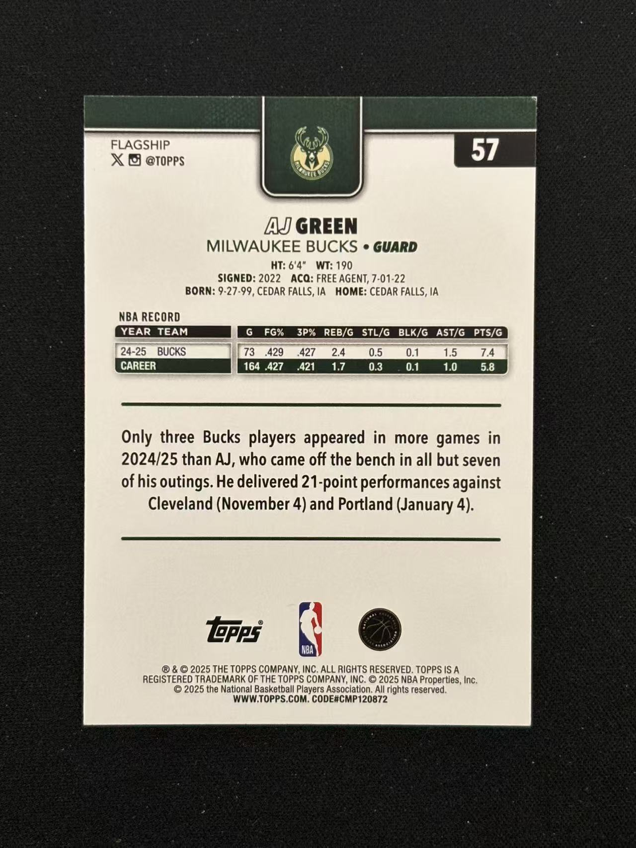 2025 Topps flagship AJ Green 雄鹿 AJ 格林 蓝折 /150编 - Yin