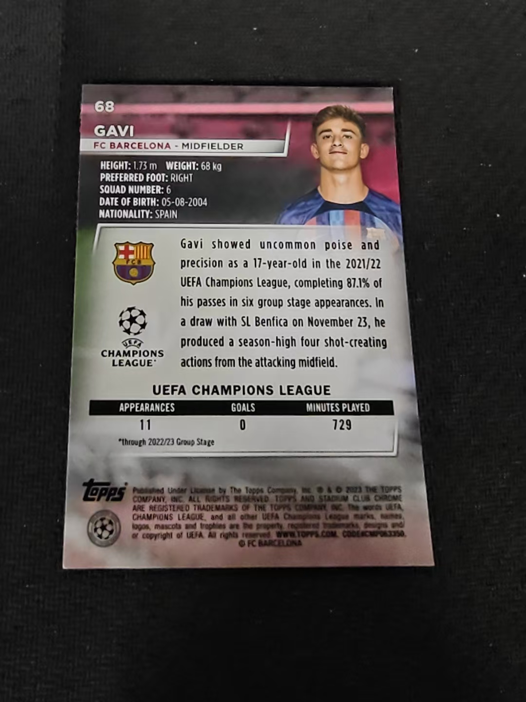 【可合并,不累计】2023 Topps Stadium Club Chrome Gavi 加维 巴塞罗那 巴萨 西班牙金童 欧冠 竞技场 不保卡品 介意勿拍 #68