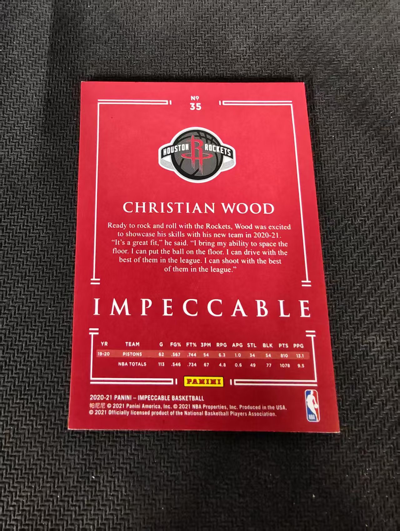 【汽水拍卖】2020-21 Panini Impeccable Christian Wood 小真金 火箭队 伍德 99编 瑕疵如图