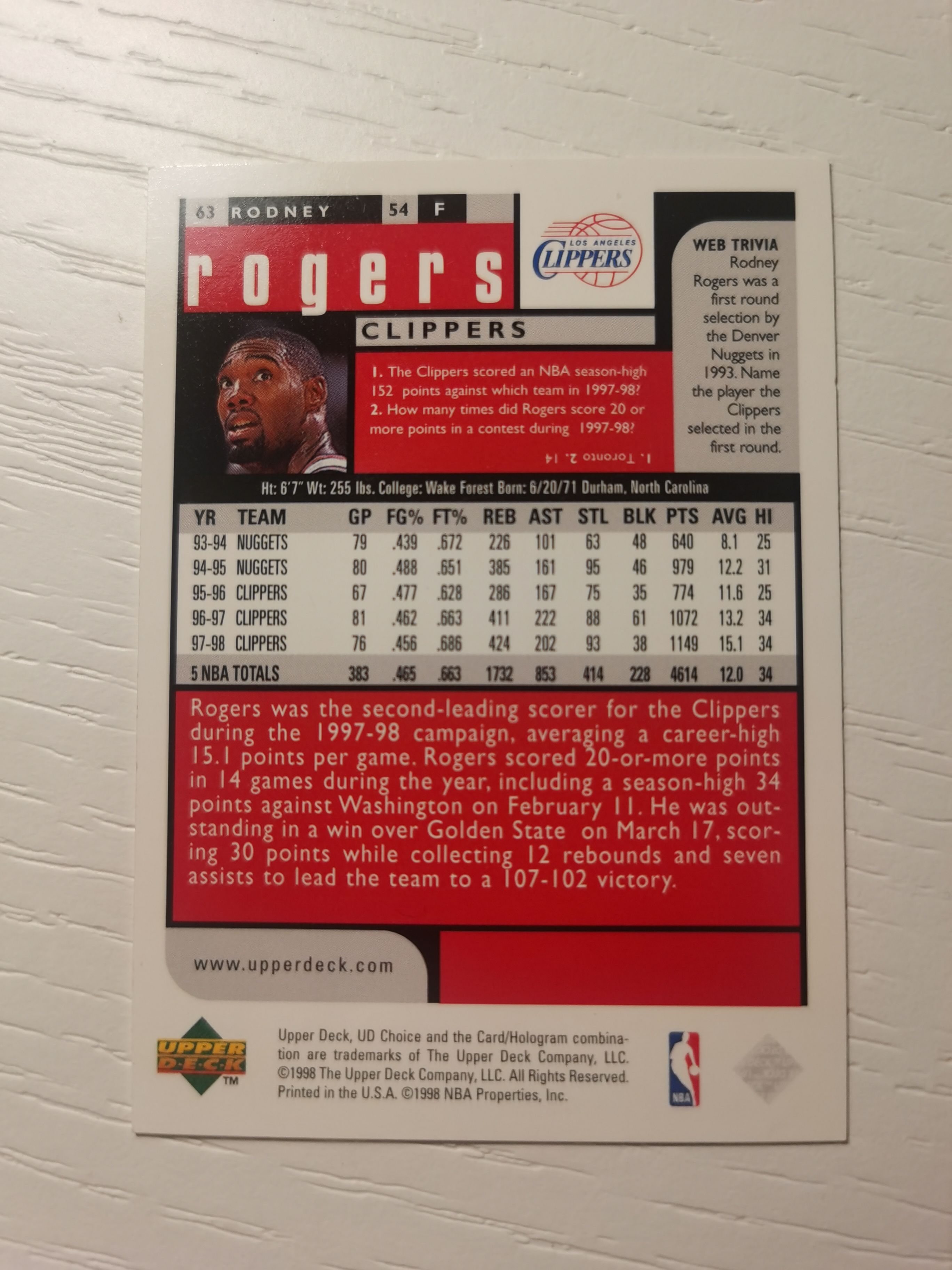 1998-99 Upper Deck Collector's Choice Rodney Rogers 1998-99 罗德尼-罗杰斯 UD 00年最佳第六人 快船 掘金 太阳 硬通货 极具收藏价值