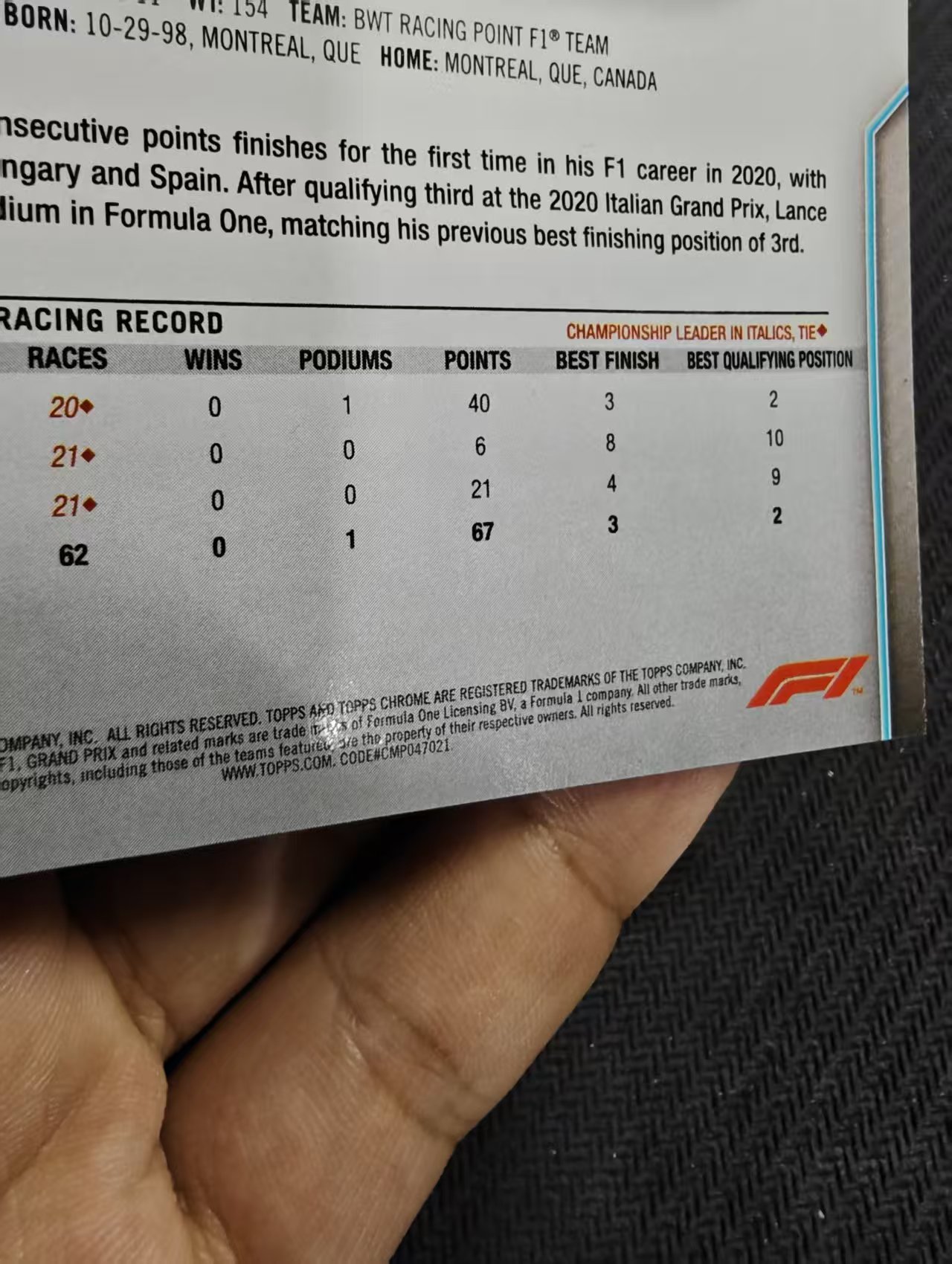 【汽水拍卖】2020 Topps Chrome F1 Lance Stroll 元年 斯托尔 蓝宝石 碎冰折 划痕 坑印 边角微瑕#187