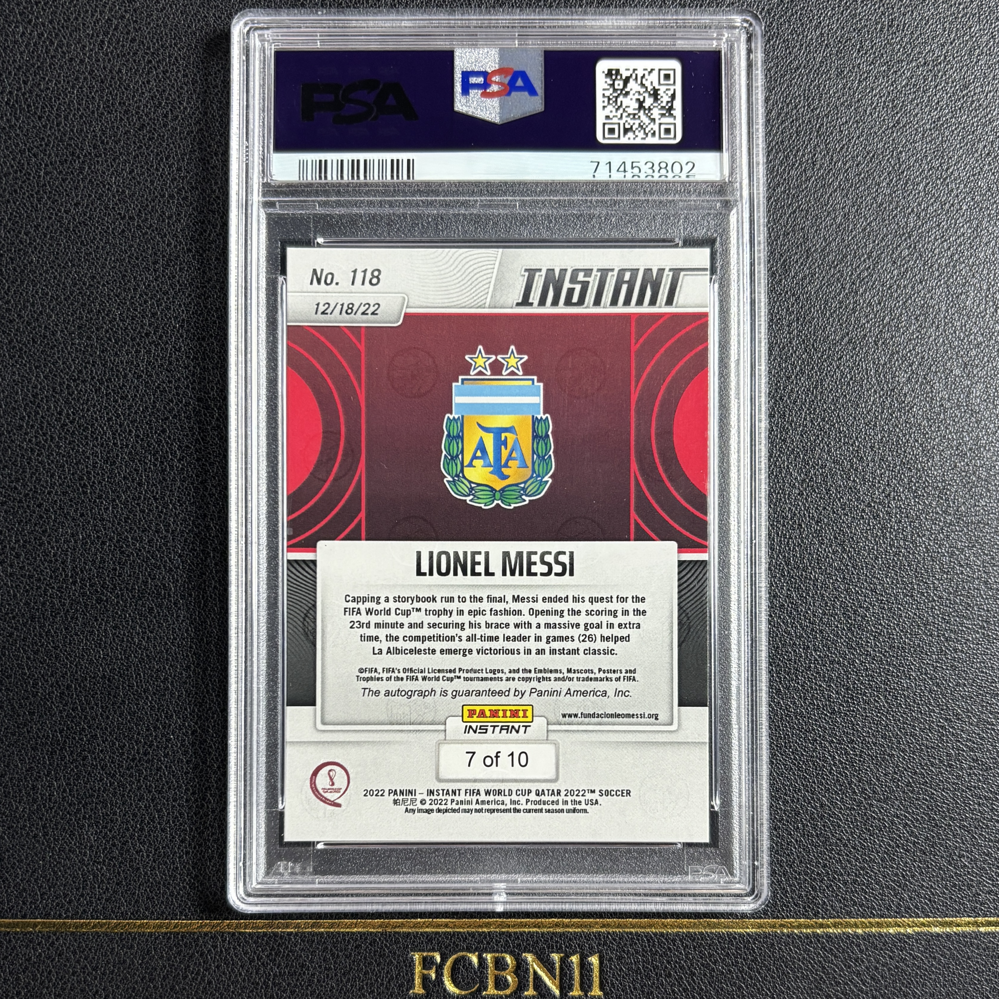 【FCB拍卖】2022 PANINI INSTANT LIONEL MESSI 里奥 梅西 10编 签字 7/10 捧世界杯冠军 真赛事卡时刻签 历史名场面 PSA8 巴萨 阿根廷 WORLD CUP{哥登56}FCBN11代理拍卖W