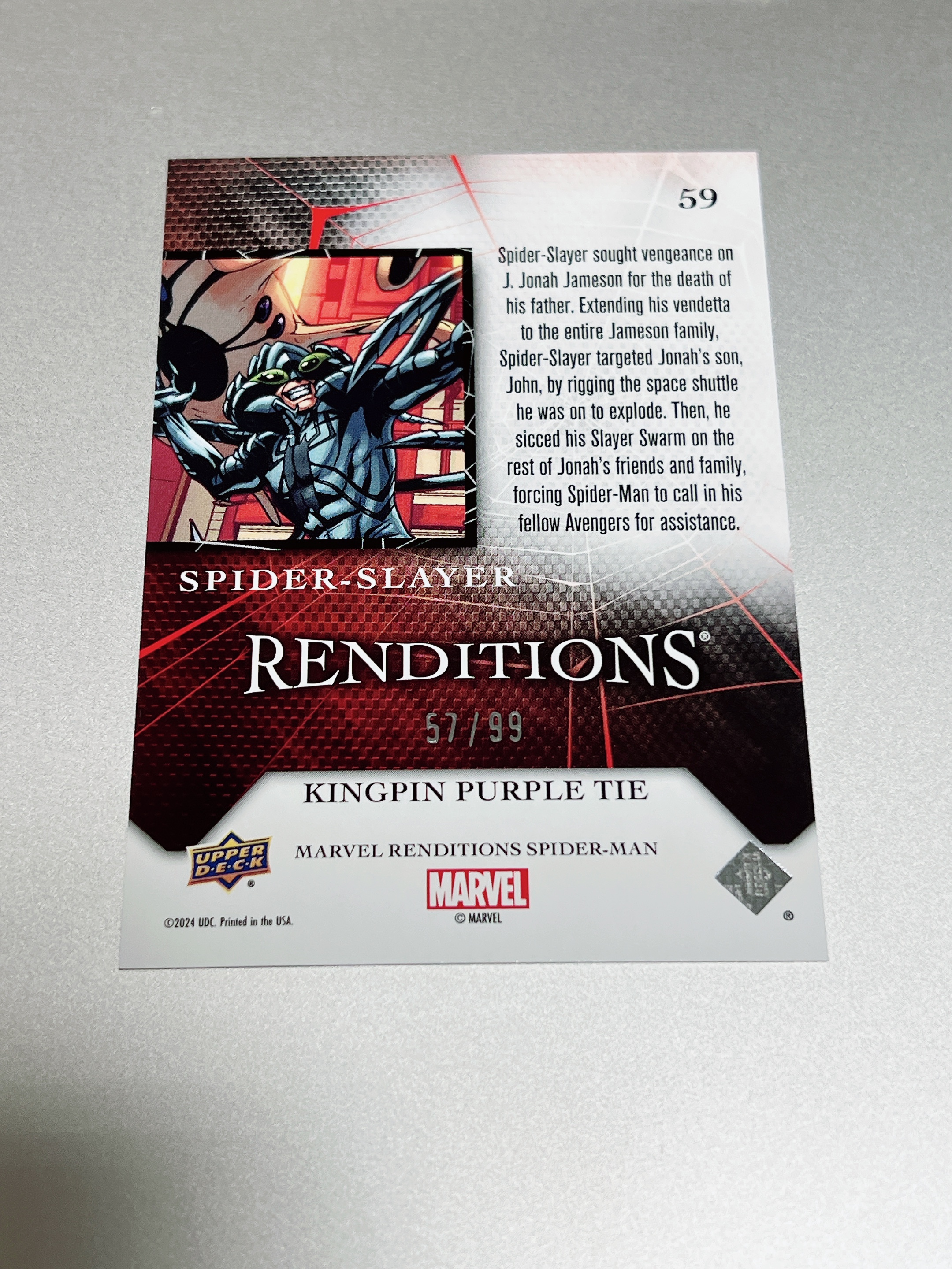2024 Upper Deck Marvel (MCU) 蜘蛛侠演绎 蜘蛛猎杀者 序号59 紫折射99编 UD漫威漫画蜘蛛侠 Renditions Spider-Slayer 57/99 Base带编