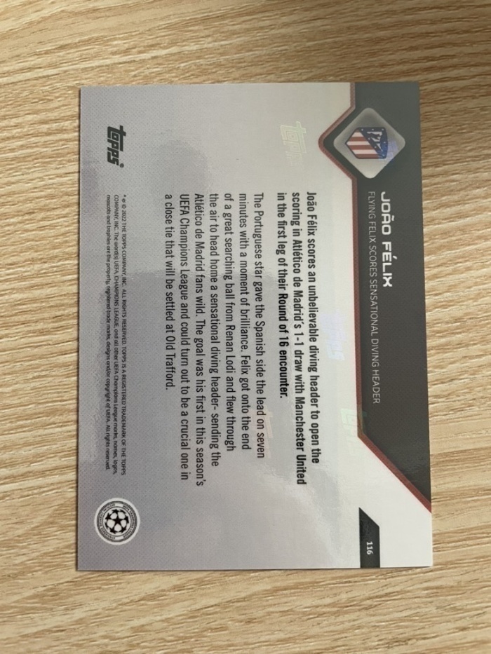 2022 Topps now Joao Felix 【hellfire拍卖】topps now系列 马竞 菲利克斯 欧冠淘汰赛冲顶破门得分帮助球队战平曼联并最终晋级 jjj