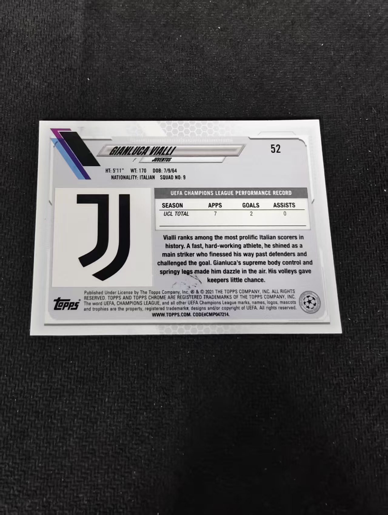 【可合并,不累计】2021 Topps Chrome gianluca vialli 詹卢卡 维利亚 尤文图斯 欧冠 蓝宝石 碎冰折 #52 不保卡品 介意勿拍