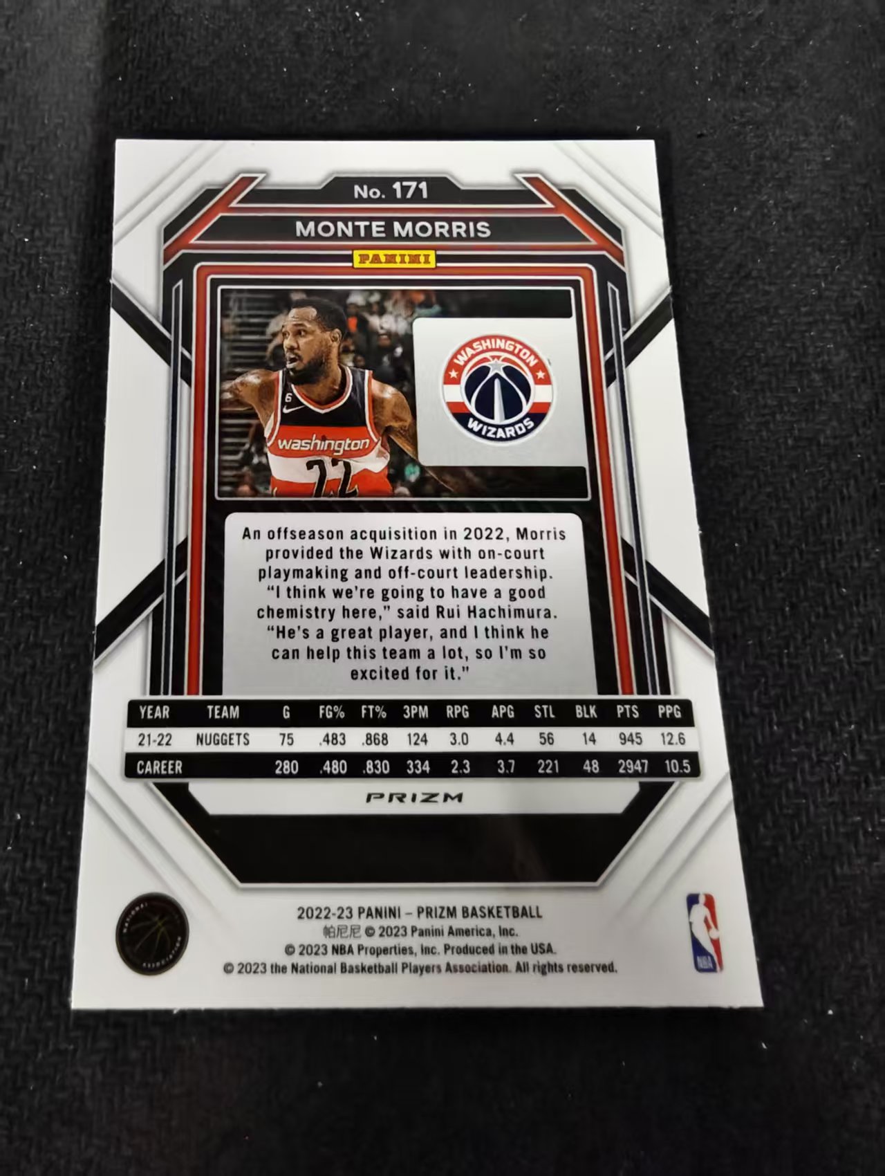 2022-23 Panini Prizm Monte Morris 蒙特 莫里斯 奇才 红波纹 PZ 划痕 边角瑕疵 #171
