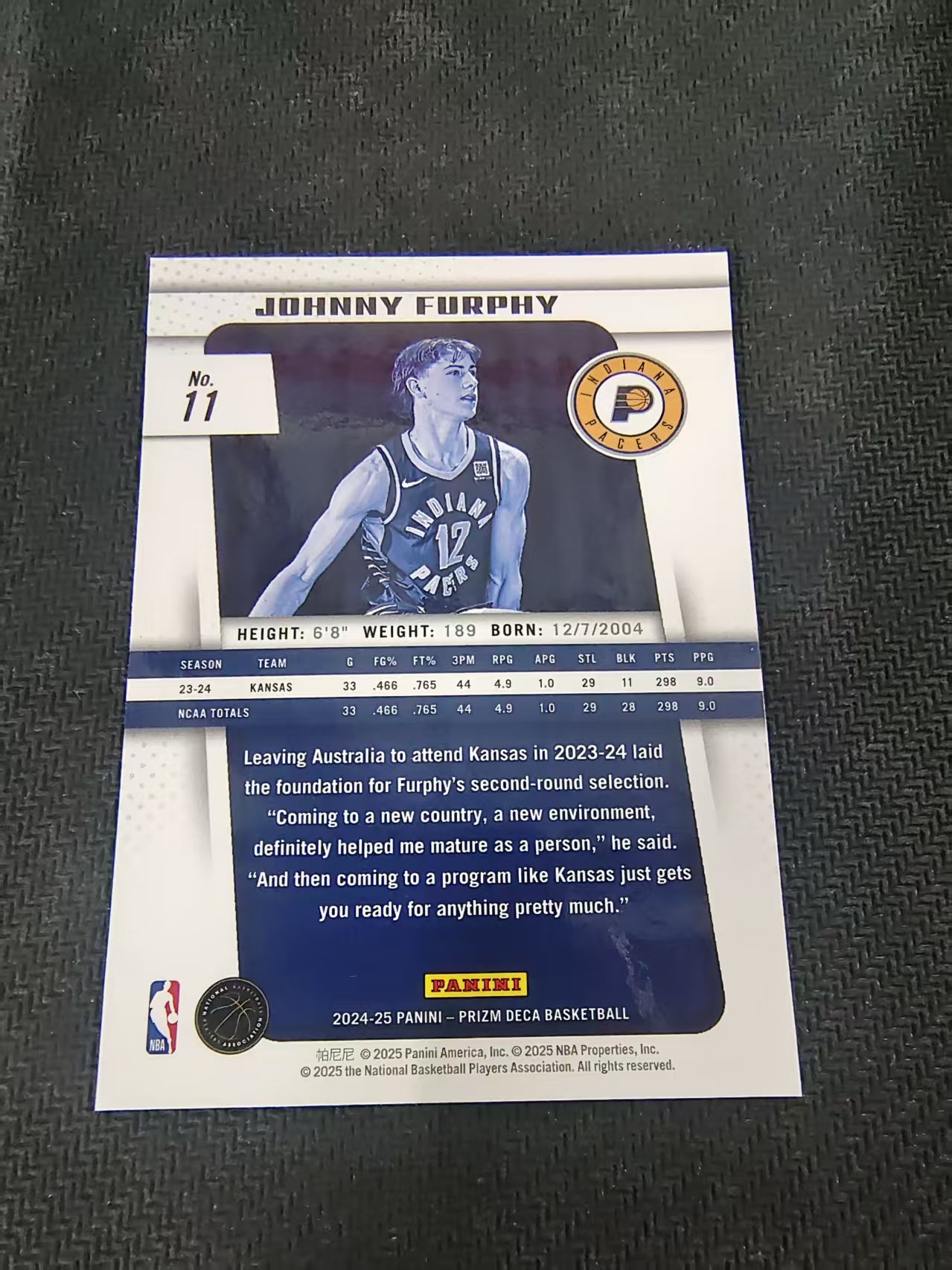【可合并,不累计】2024-25 Panini Prizm Deca Johnny Furphy 复刻PZ 新秀RC 约翰尼 弗菲 步行者 划痕 边角瑕疵 #11