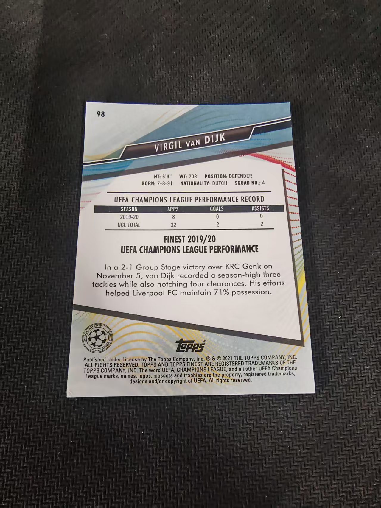 【可合并,不累计】2021 Topps Finest Virgil van Dijk 利物浦 范戴克 欧冠 划痕 边角瑕疵 #98