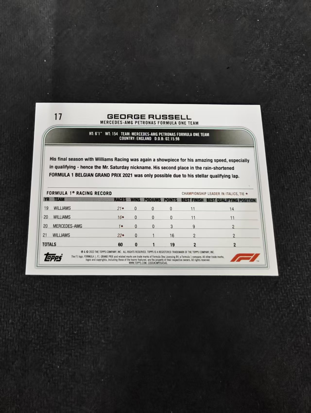 2022 Topps Chrome F1 George Russell 乔治 拉塞尔 梅奔 划痕 边角瑕疵@17