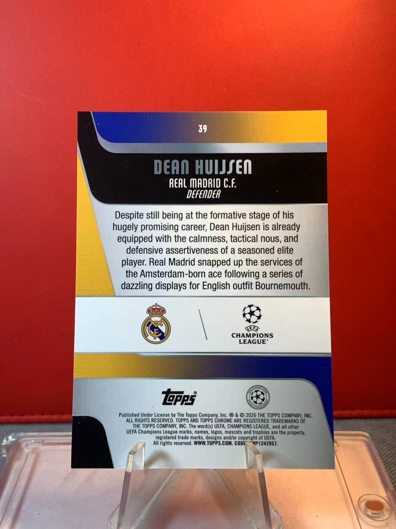 (詹叔代拍)2026 topps chrome dean huijsen 欧冠 皇马 迪恩 胡伊森 青熔岩折 折射 079/299编 卡品如图 顺丰寄付 泰山