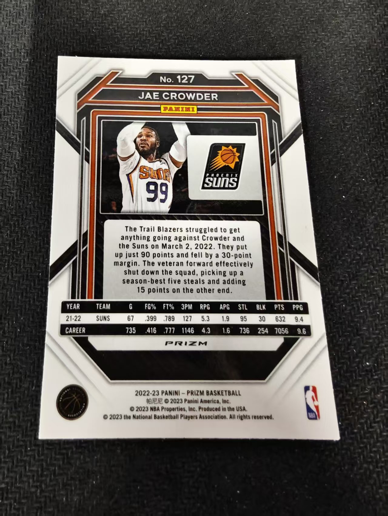 2022-23 Panini Prizm Jae Crowder 杰 克劳德 太阳 红波纹 PZ 划痕 边角瑕疵 #127