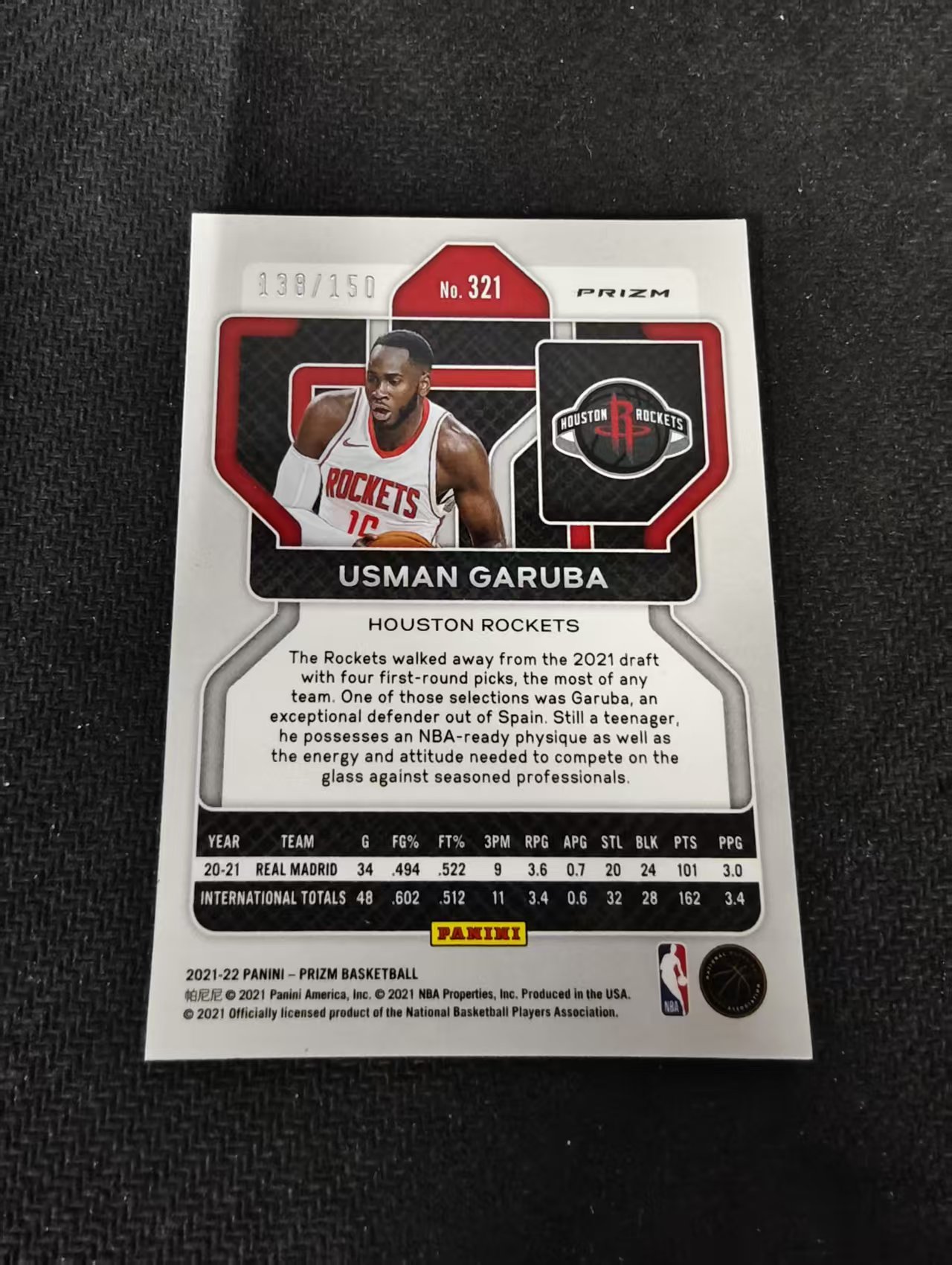 2021-22 Panini Prizm Usman Garuba 火箭 奥斯曼 加鲁巴 新秀 RC 蓝泡泡折 150编 划痕 边角瑕疵