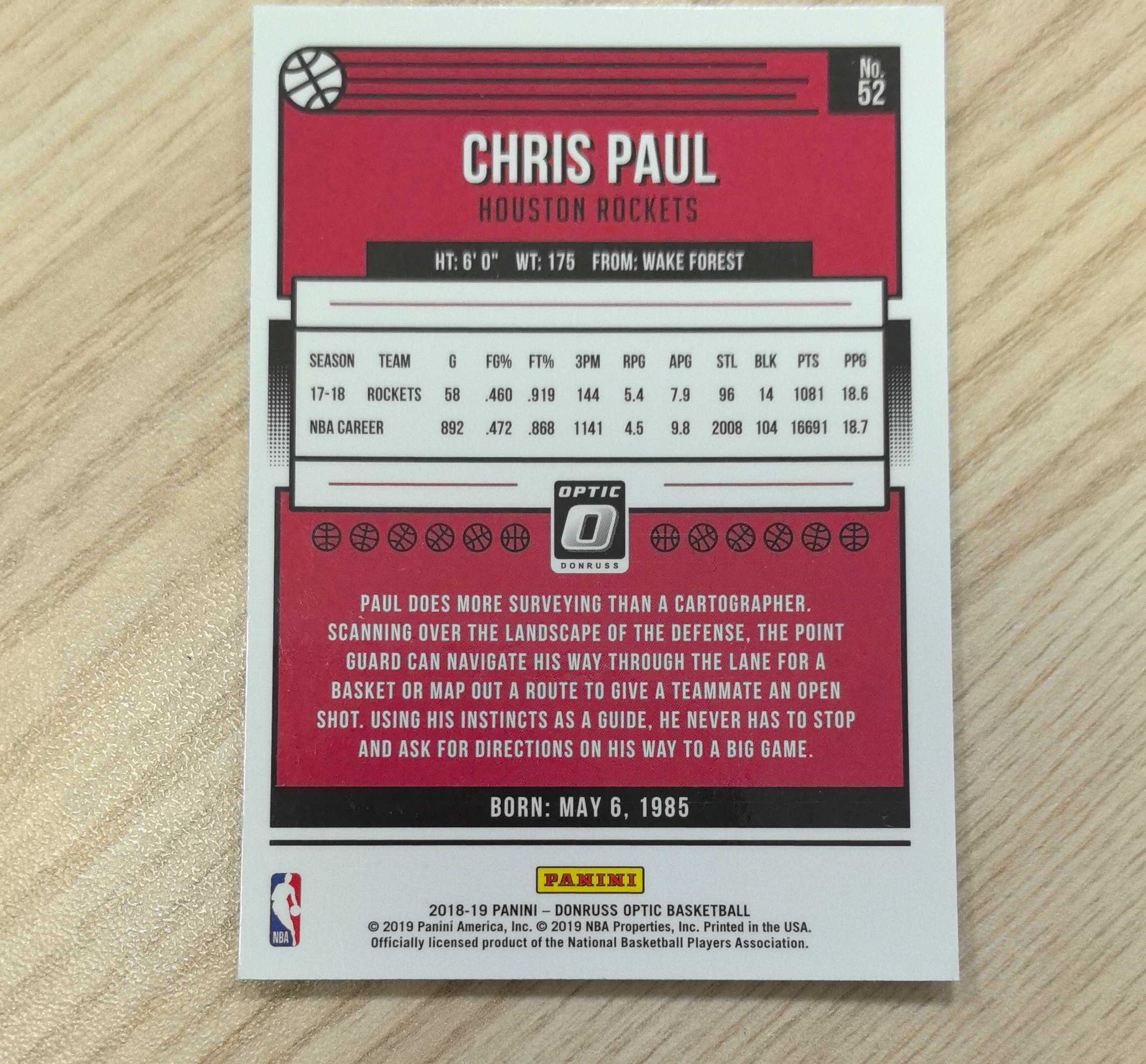 2018-19 Panini Optic Chris Paul 克里斯·保罗 控卫之神 虎扑58 75大 12届全明星 11届最佳阵容 9届最佳防阵 奥运冠军 助攻王抢断王黄蜂快船火箭雷霆太阳勇士马刺