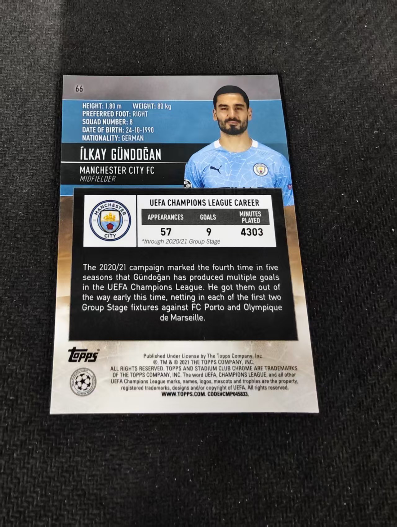 【可合并,不累计】2021 Topps Stadium Club Chrome İlkay Gündoğan 曼城 京多安 欧冠 竞技场 不保卡品 介意勿拍 #66