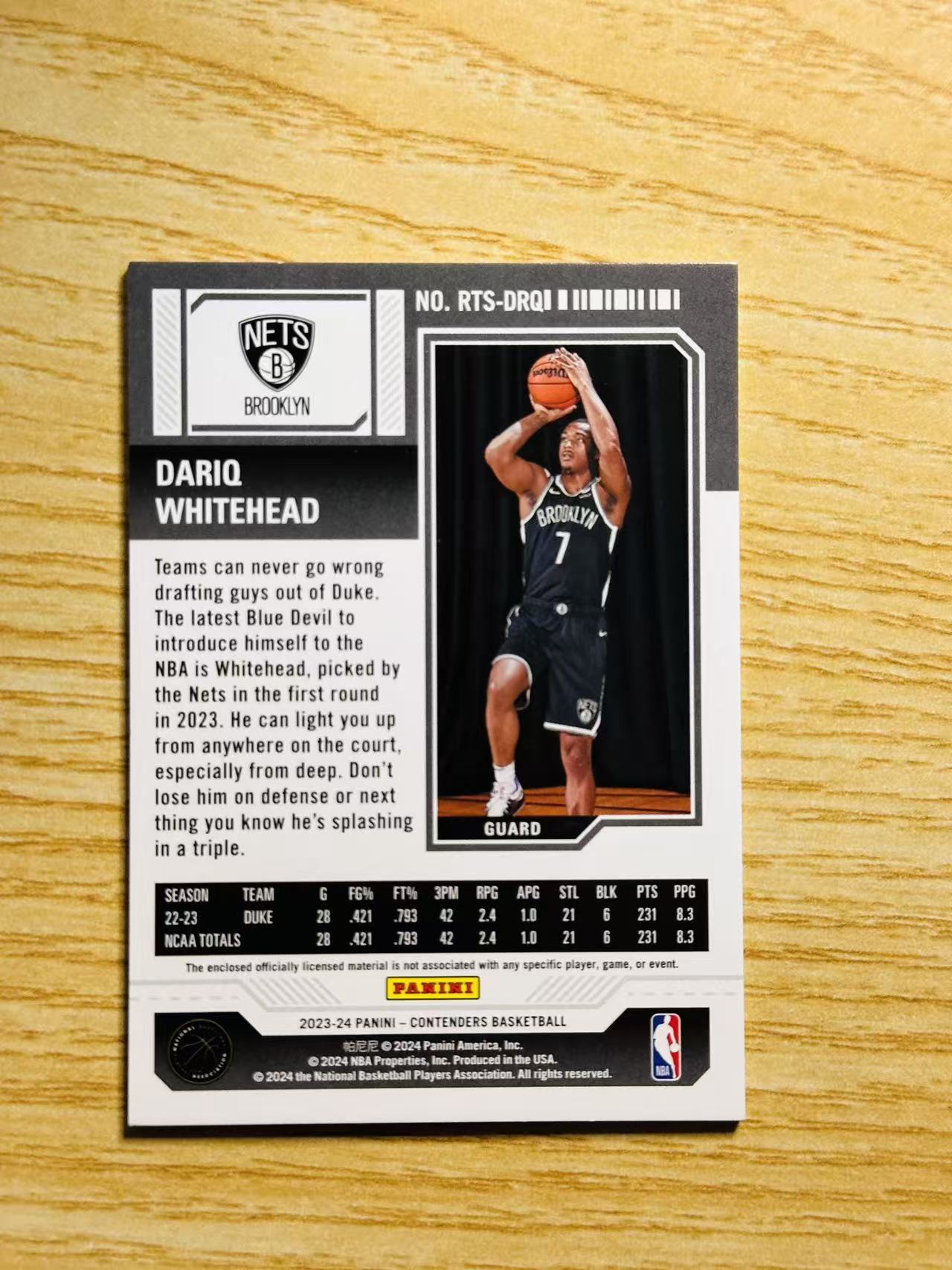 2023-24 Panini Contenders Dariq Whitehead RC #RTS-DRQ 达里克 怀特黑德 篮网 球票 物料 切割
