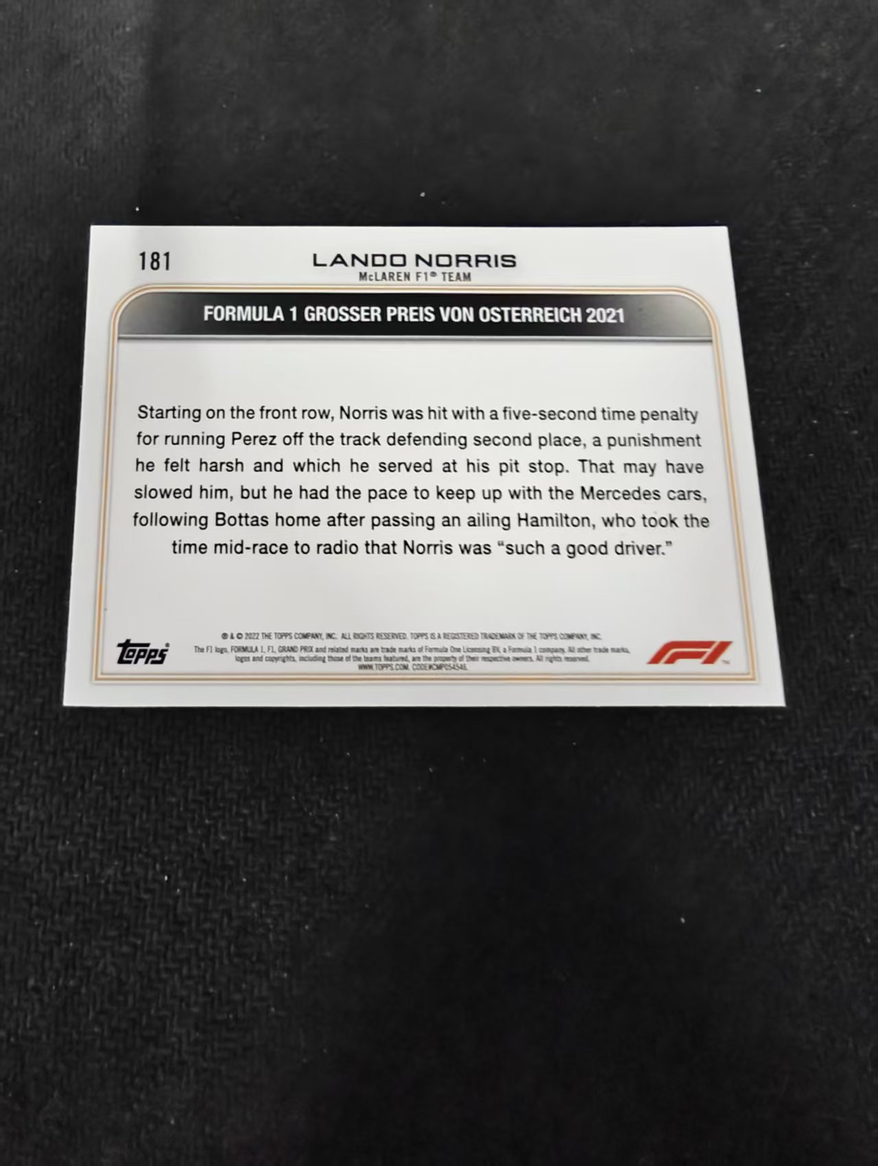2022 Topps Chrome F1 Lando Norris 兰多 诺里斯 迈凯伦车队 划痕 边角瑕疵 @181