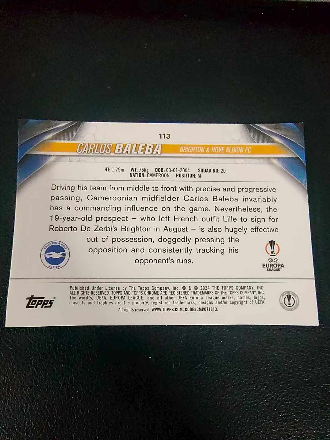 【可合并,不累计】2024 Topps Chrome Carlos Baleba RC 卡洛斯 巴莱巴 新秀 布莱特 欧冠 划痕 边角瑕疵 #113