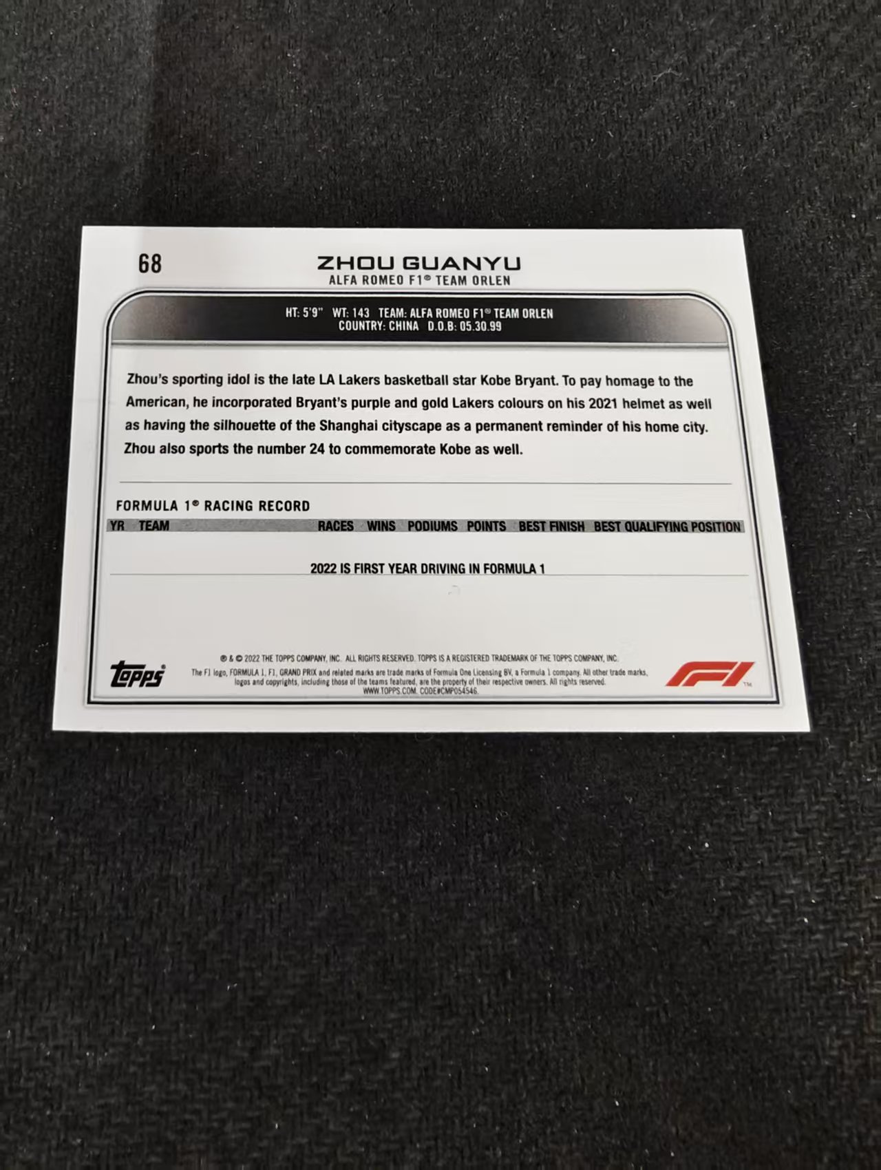 2022 Topps Chrome F1 Guanyu Zhou RC 周冠宇 新秀 阿尔法罗密欧 划痕 边角瑕疵 @68
