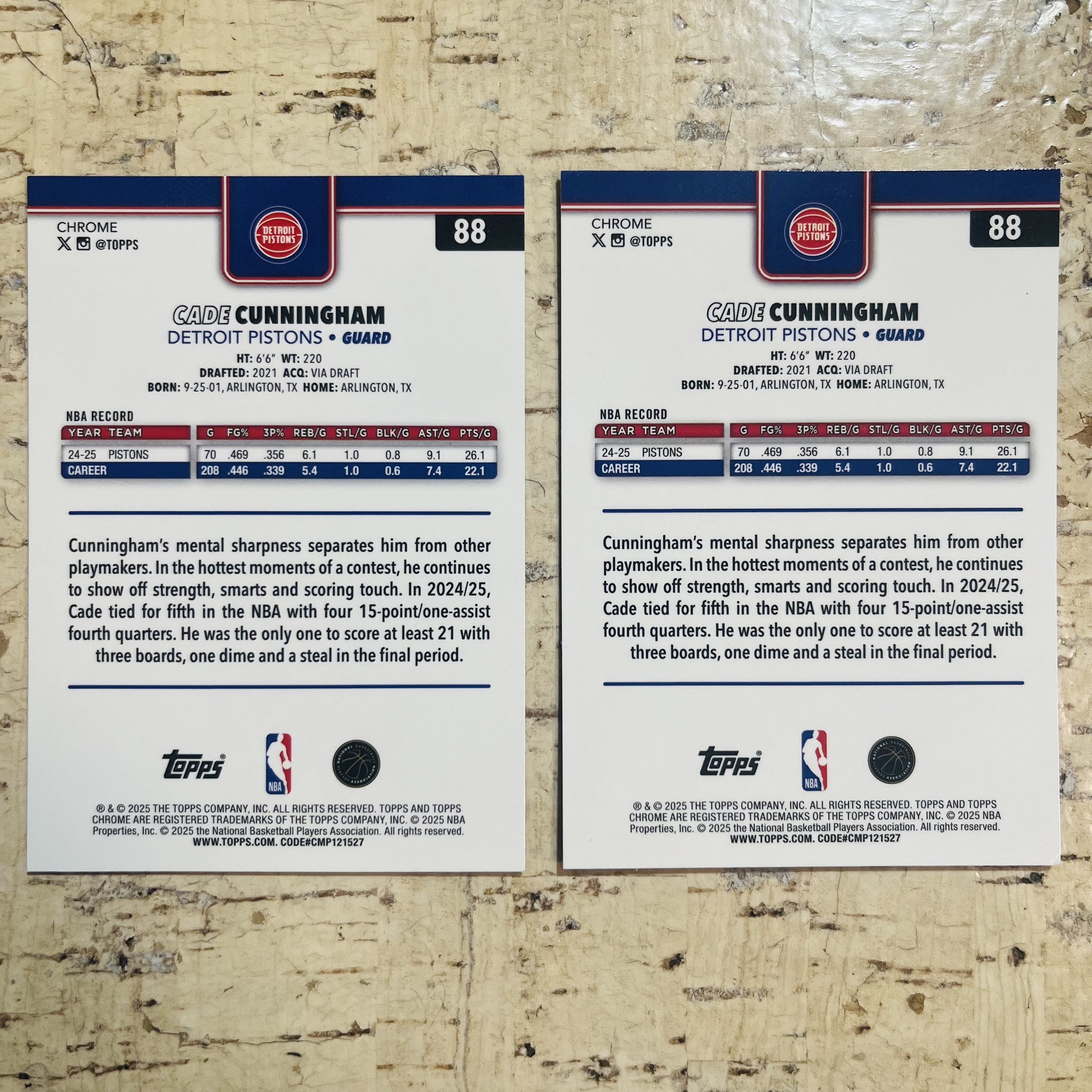 2025-26 Topps Chrome Cade Cunningham 活塞 康宁汉姆 坎宁安 银棋盘折 格子折 2张打包 可兑换蓝X折 稀有折射 凑彩虹必备【小卡迷拍卖 可累积半年】
