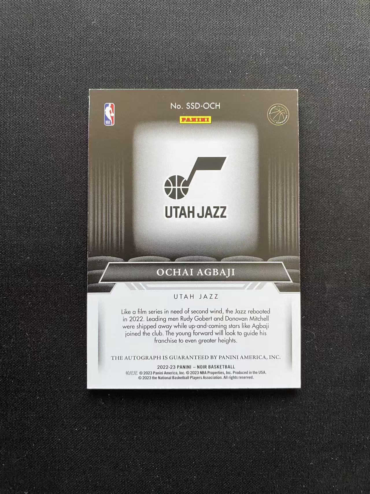 2022-23 Panini Noir Ochai Agbaji RC 诺尔 爵士 新秀 奥查伊 阿巴吉 99编 银幕首秀签 签字 卡签【king#49】瑕疵如图