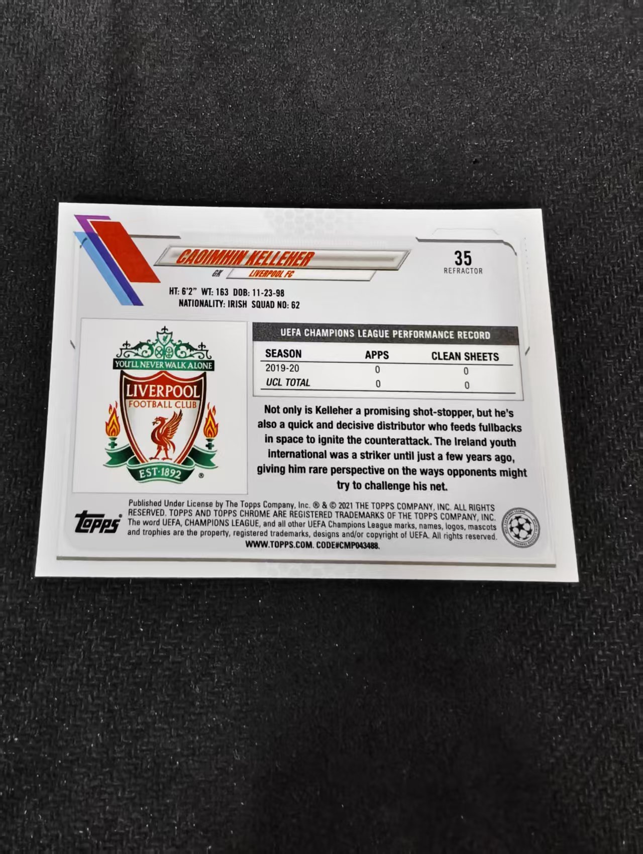 【可合并,不累计】2021 Topps chrome Caoimhin Kelleher RC 克劳列曼 凯莱赫 新秀 利物浦 欧冠 银折 划痕 边角瑕疵 #35