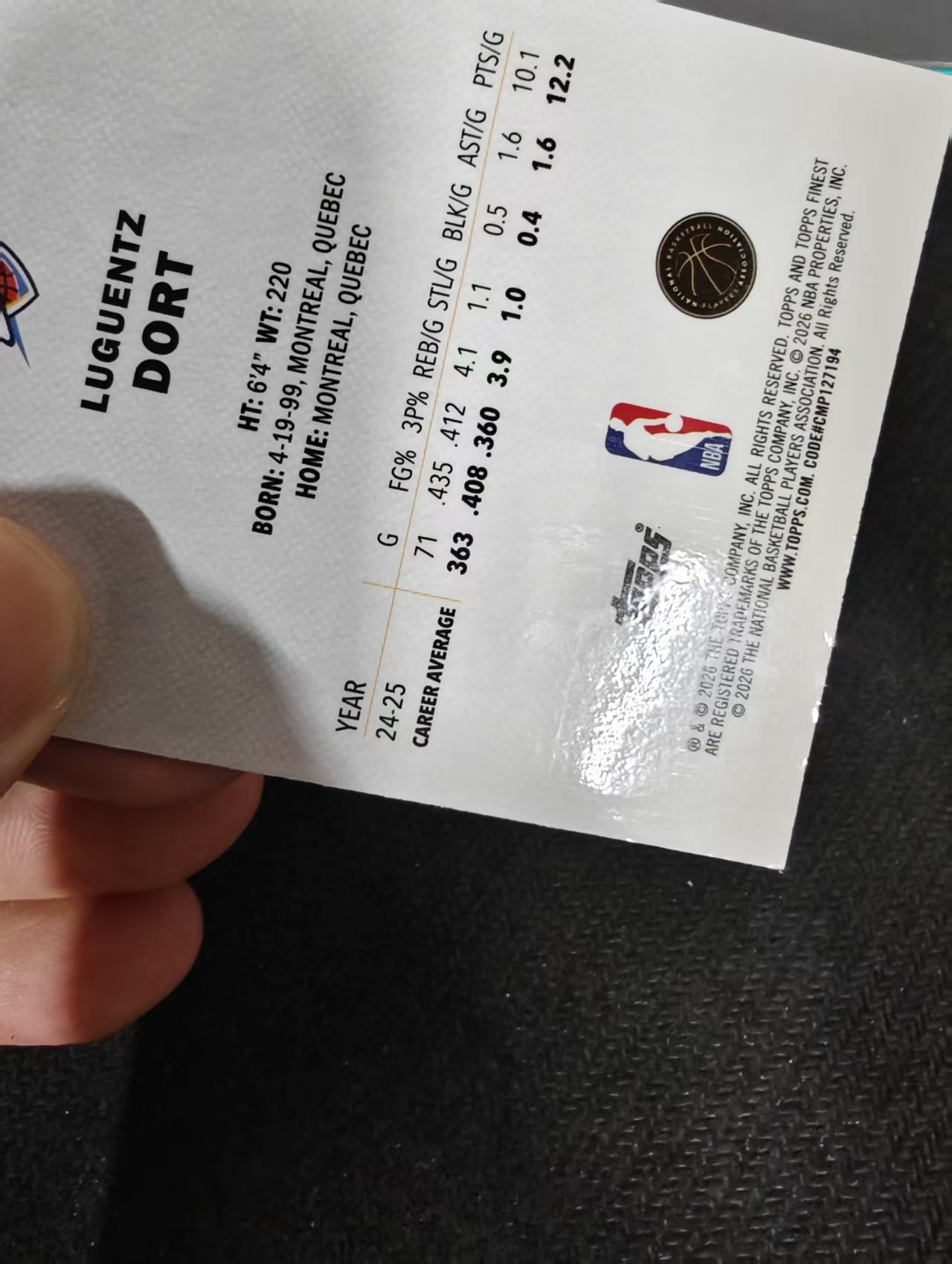 2026 Topps finest Luguentz Dort 吕冈茨 多尔特 雷霆 200编 紫折 二级 瑕疵如图