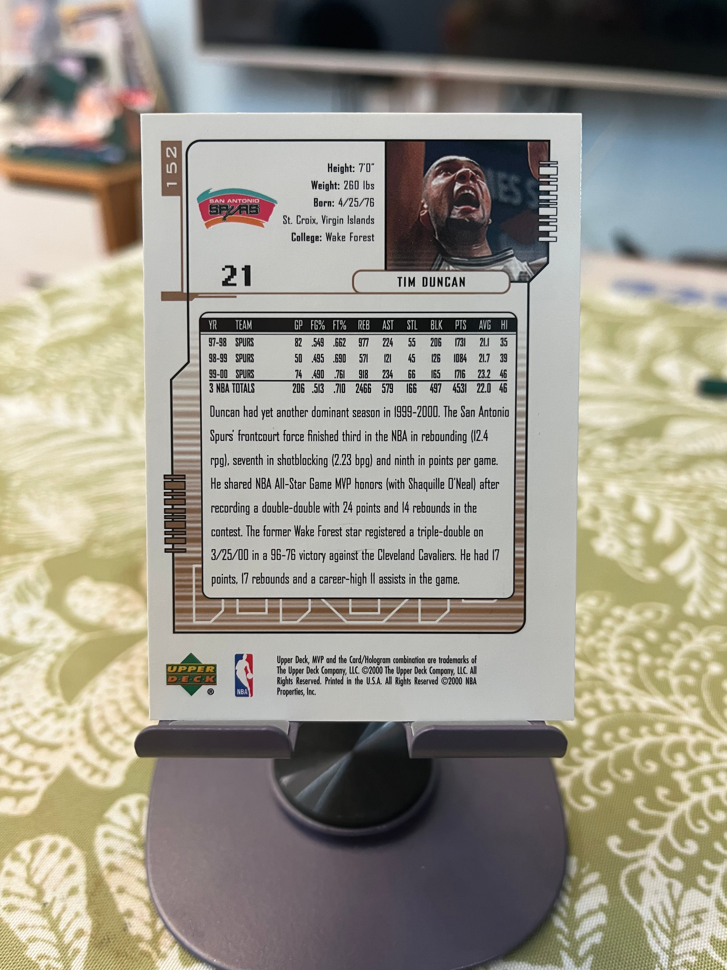 2000 Upper Deck 老卡 老特 Tim Duncan 蒂姆 邓肯 石佛 马刺【MVP】【边角瑕疵如图 介意勿拍】#1043