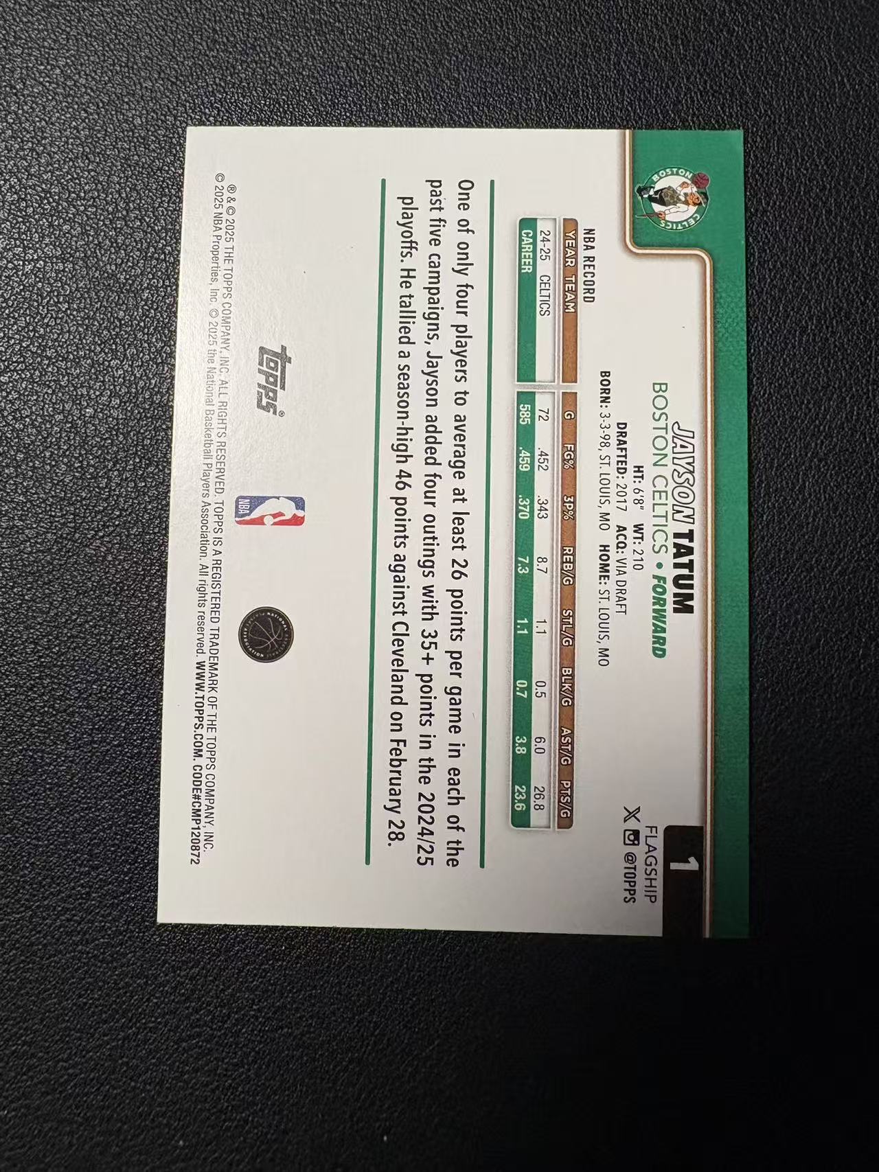 2025 Topps flagship Jayson Tatum 杰森 塔图姆 亮面 碎点 折射 微瑕 卡品如图 专收必备 N1