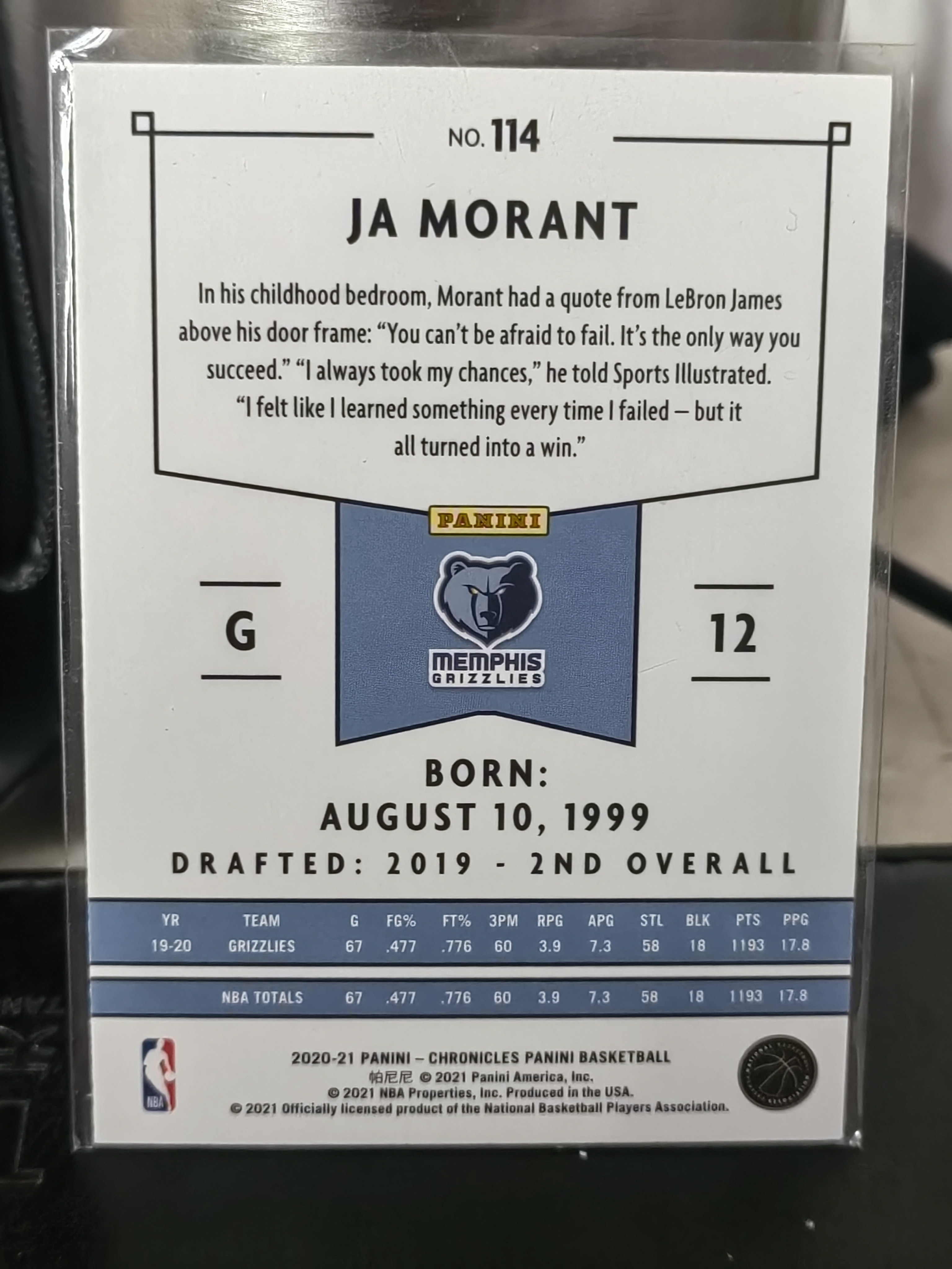 2020-21 Panini Chronicles Ja Morant 编年史 贾 莫兰特 灰熊 篮 白边白角 不保卡品 卡品如图