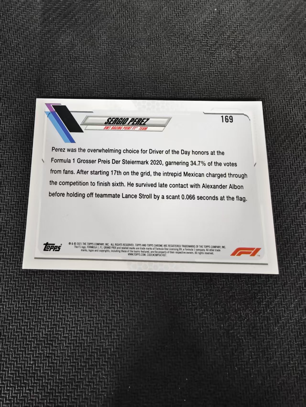 【汽水拍卖】2021 Topps Racing F1 Sergio Perez 塞尔吉奥 佩雷兹 黑白格子折 黑白棋盘折 划痕 边角瑕疵 #169