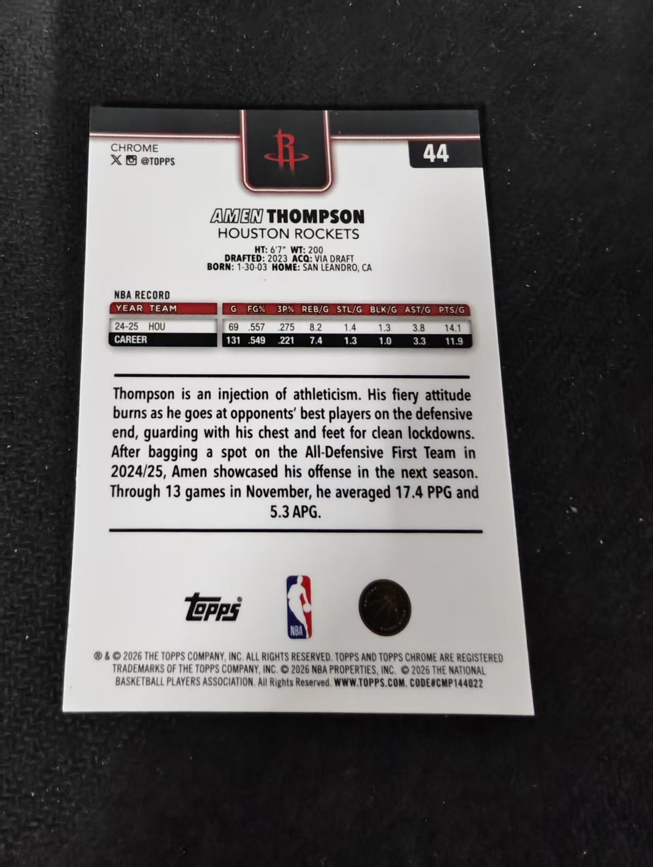 2026 Topps Chrome Update Amen Thompson 火箭 阿门 汤普森 TCU 划痕 边角瑕疵 #44
