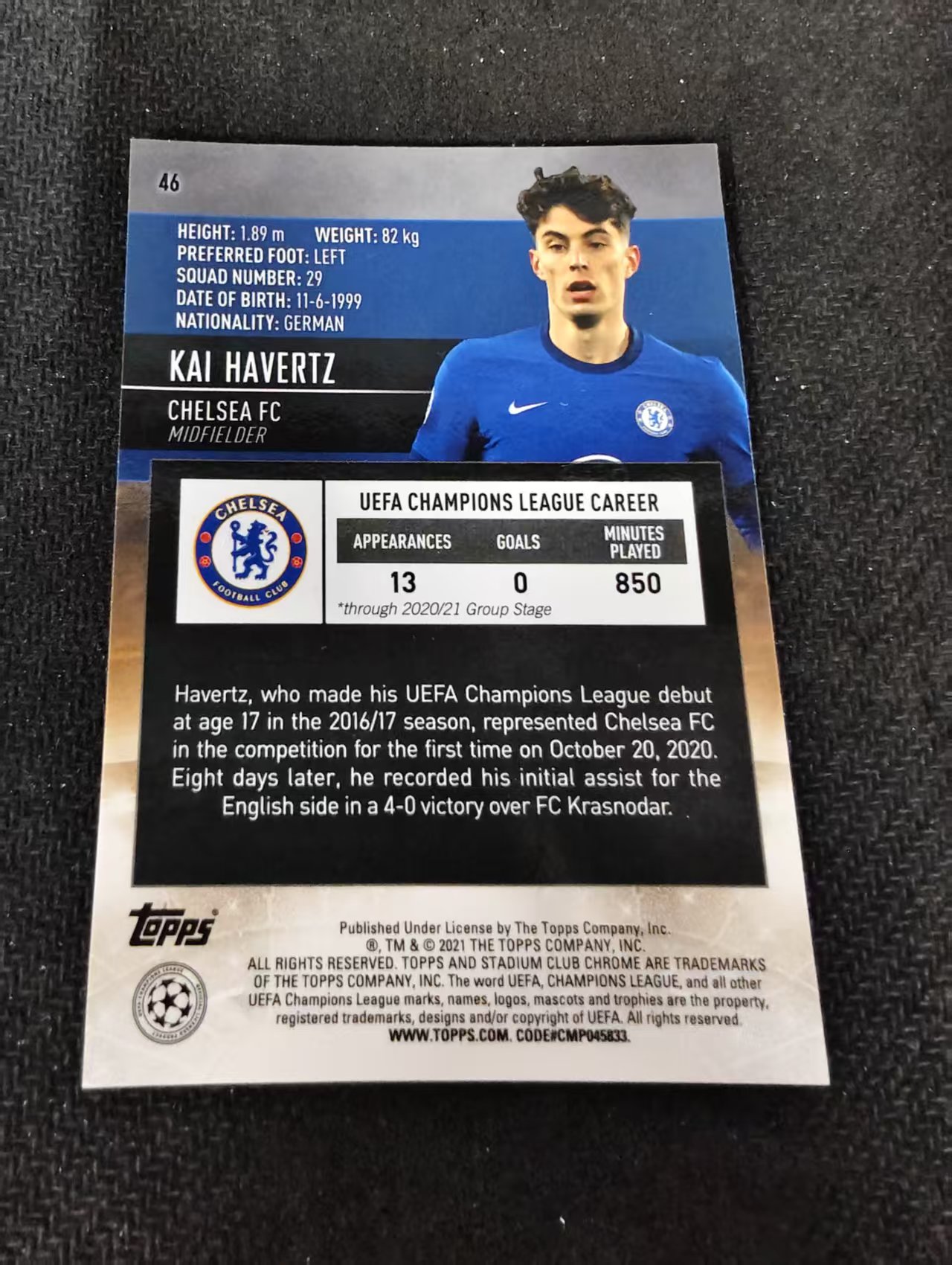 【可合并,不累计】2021 Topps Stadium Club Chrome Kai Havertz 切尔西 哈弗茨 竞技场 欧冠 划痕 边角瑕疵 #46