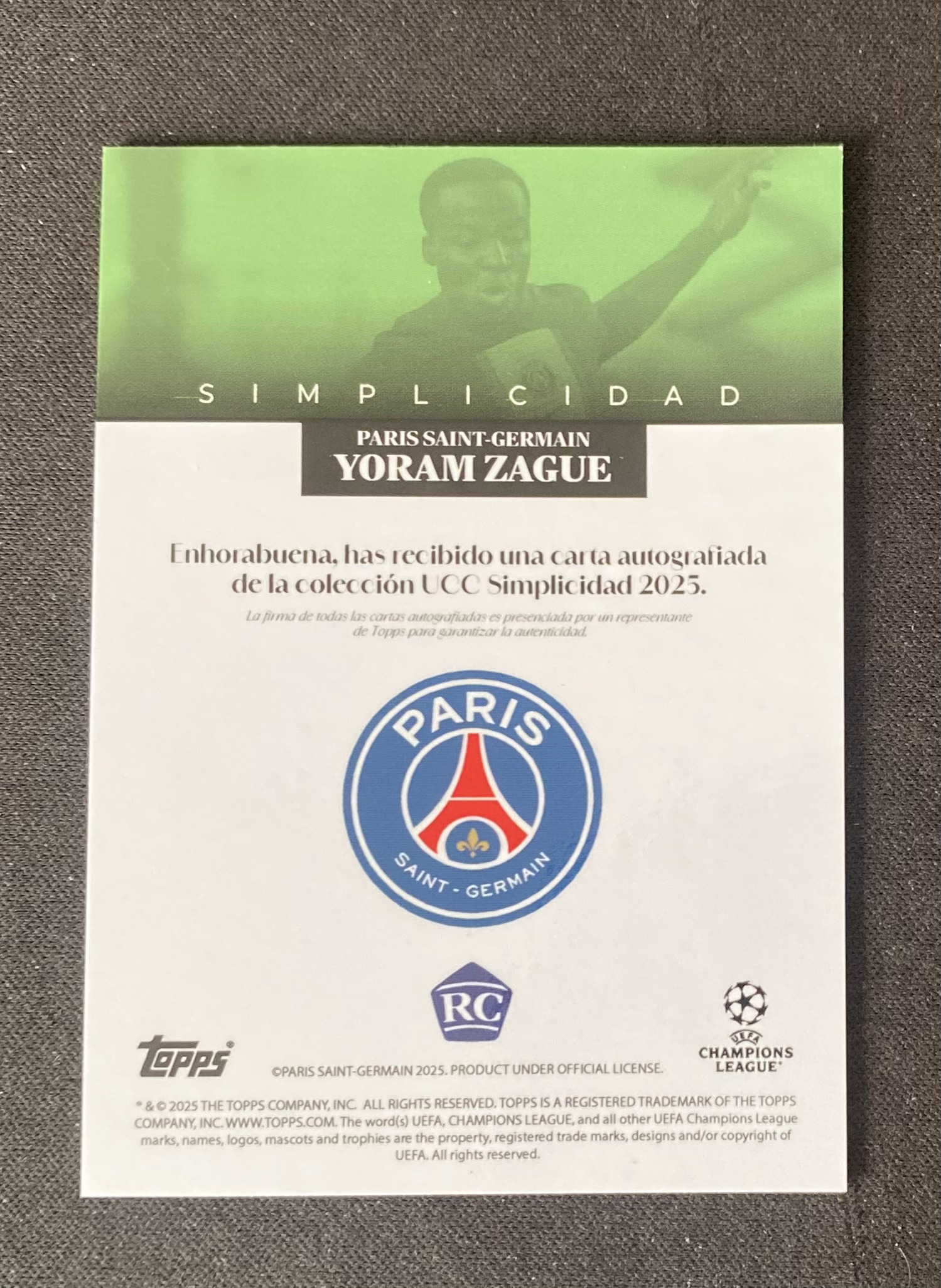 2025 Topps Simplicidad Yoram Zague RC 【来拆波卡】欧冠 极简 巴黎圣日尔曼 约拉姆 扎格 新秀 绿折 签字 99编 Lee