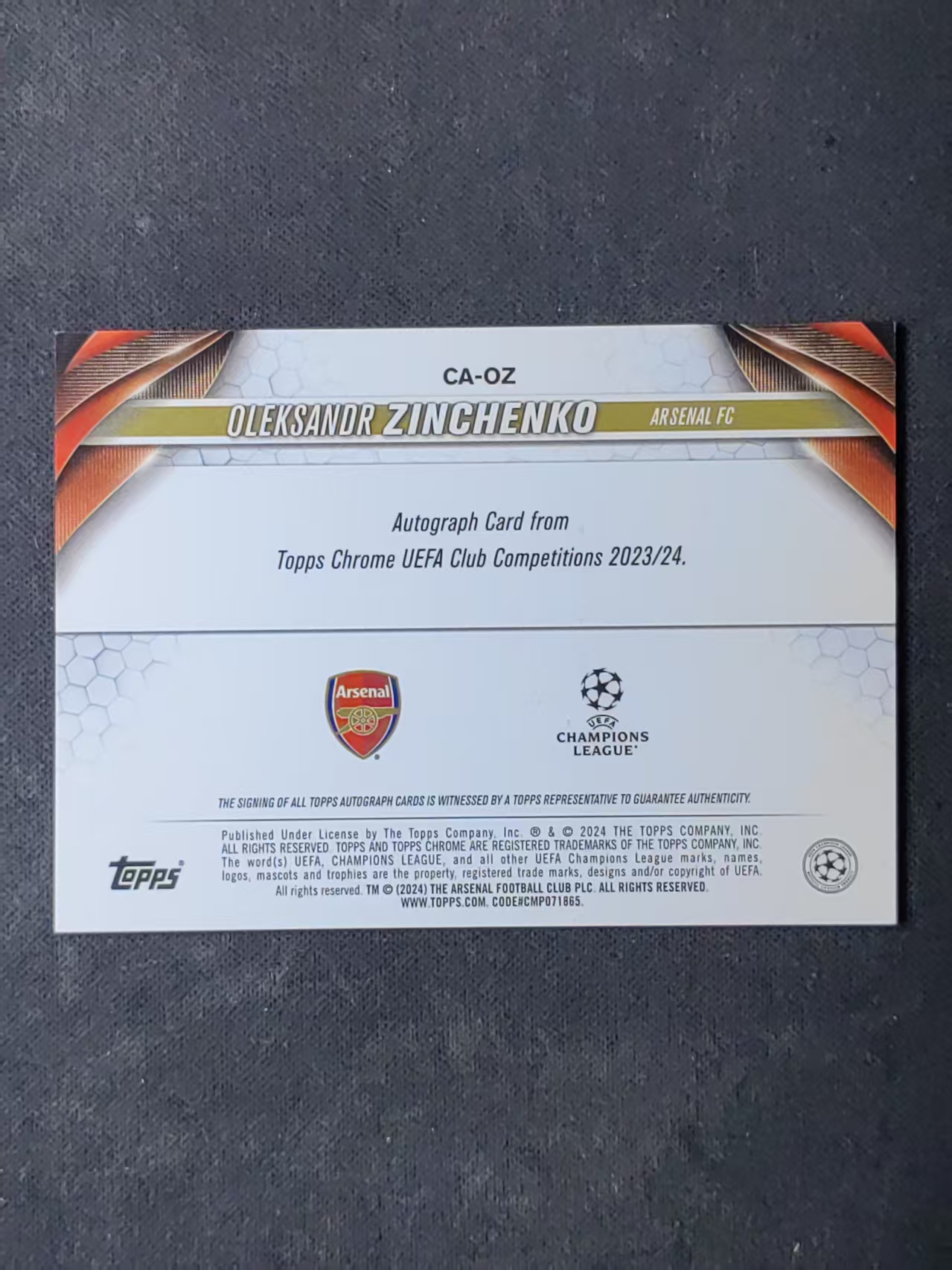 2024 Topps Chrome Oleksandr Zinchenko 【林林拍卖tiffany】tc系列 欧冠 阿森纳 津琴科 160/299编 紫碎点折 签字