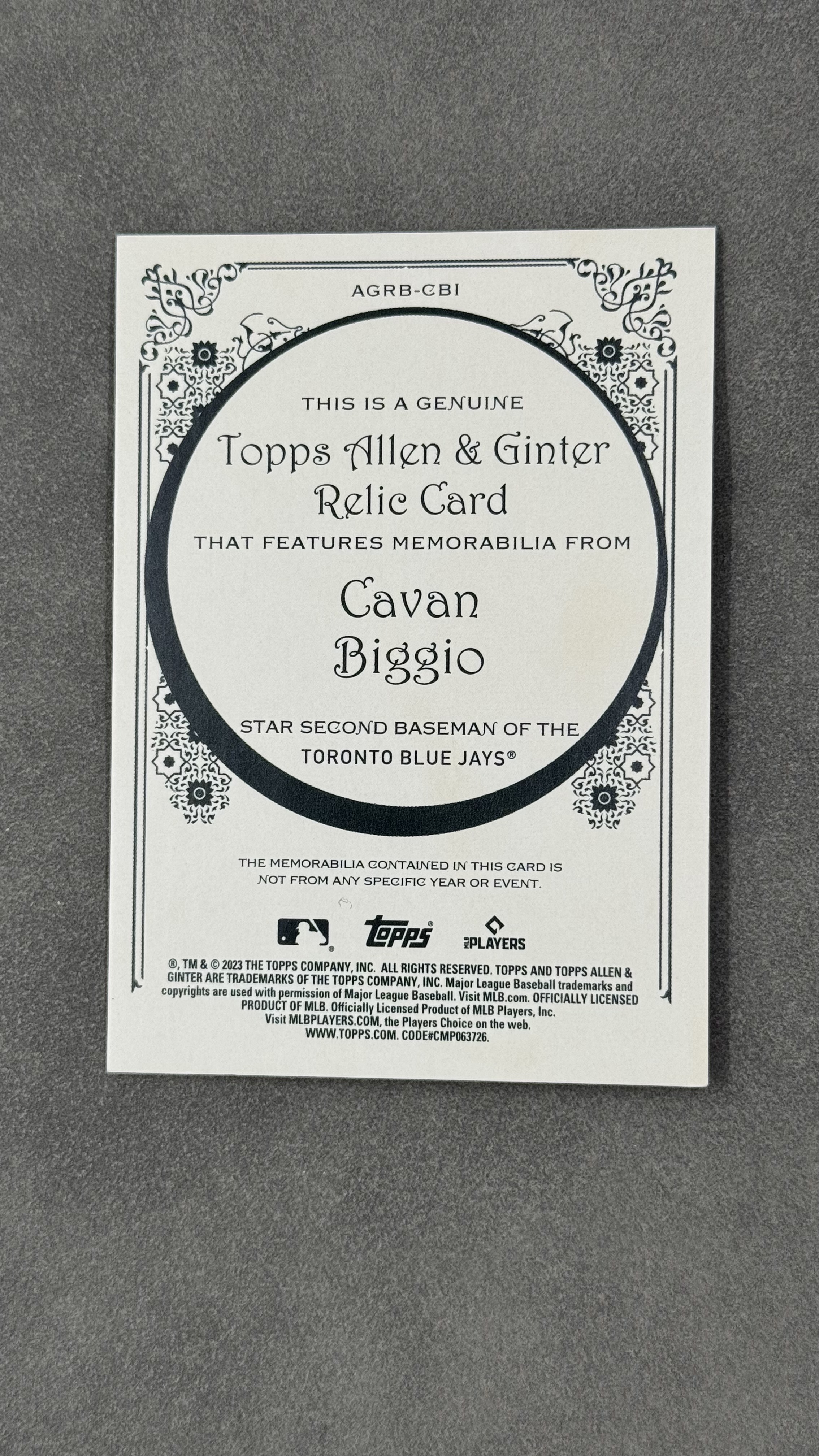 2023 Topps Allen & Ginter Cavan Biggio 蓝鸟队 卡万・比乔 名人堂成员克雷格・比乔之子 后加入道奇队 game used 亲穿球衣 值得凑套收藏#AGRB-CBI
