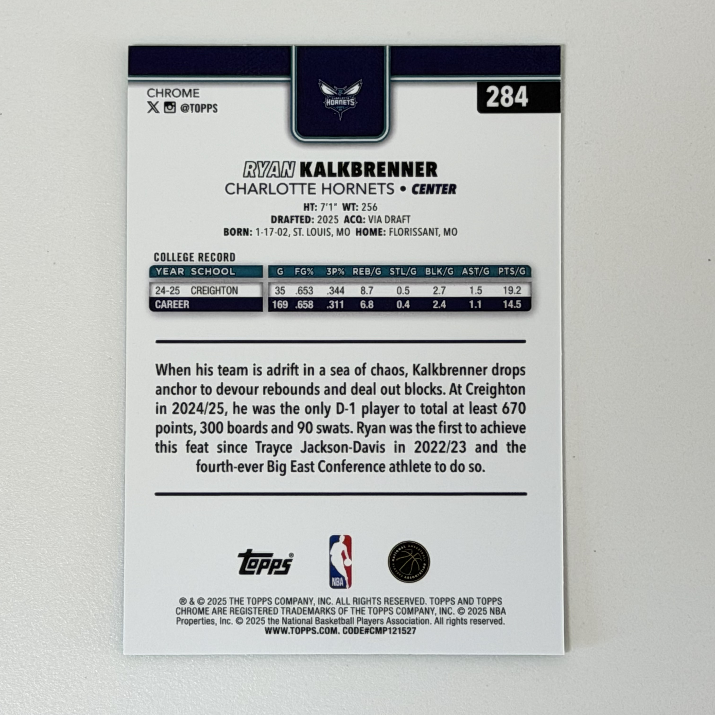 【浩冉拍卖】2025 Topps Chrome 篮球Tc Ryan Kalkbrenner 卡尔克布伦纳 43/99编 绿折 Rc 新秀 黄蜂 #Roy#