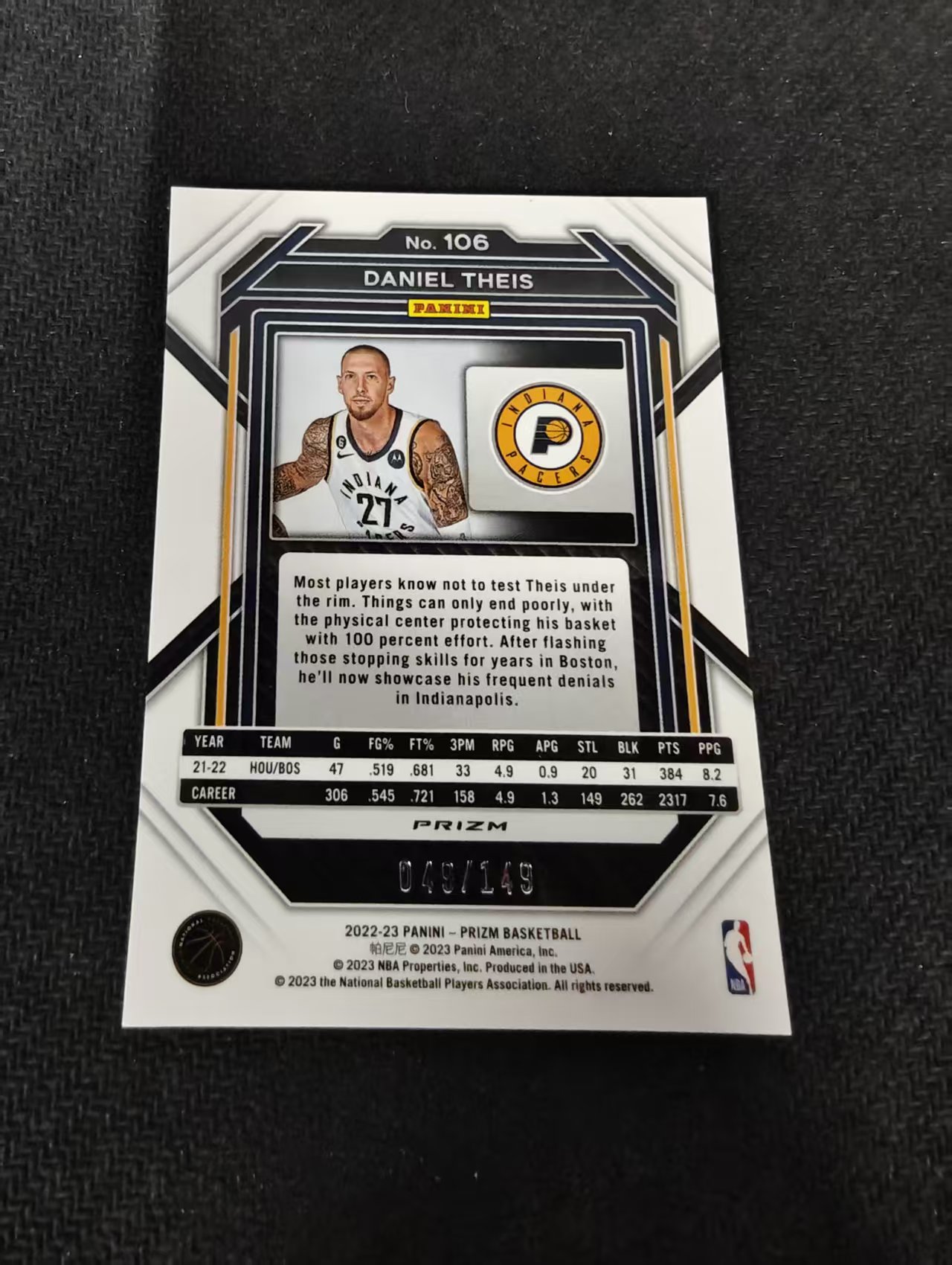 2022-23 Panini Prizm Daniel Theis 丹尼尔 泰斯 步行者 紫碎冰 149编 划痕 边角瑕疵