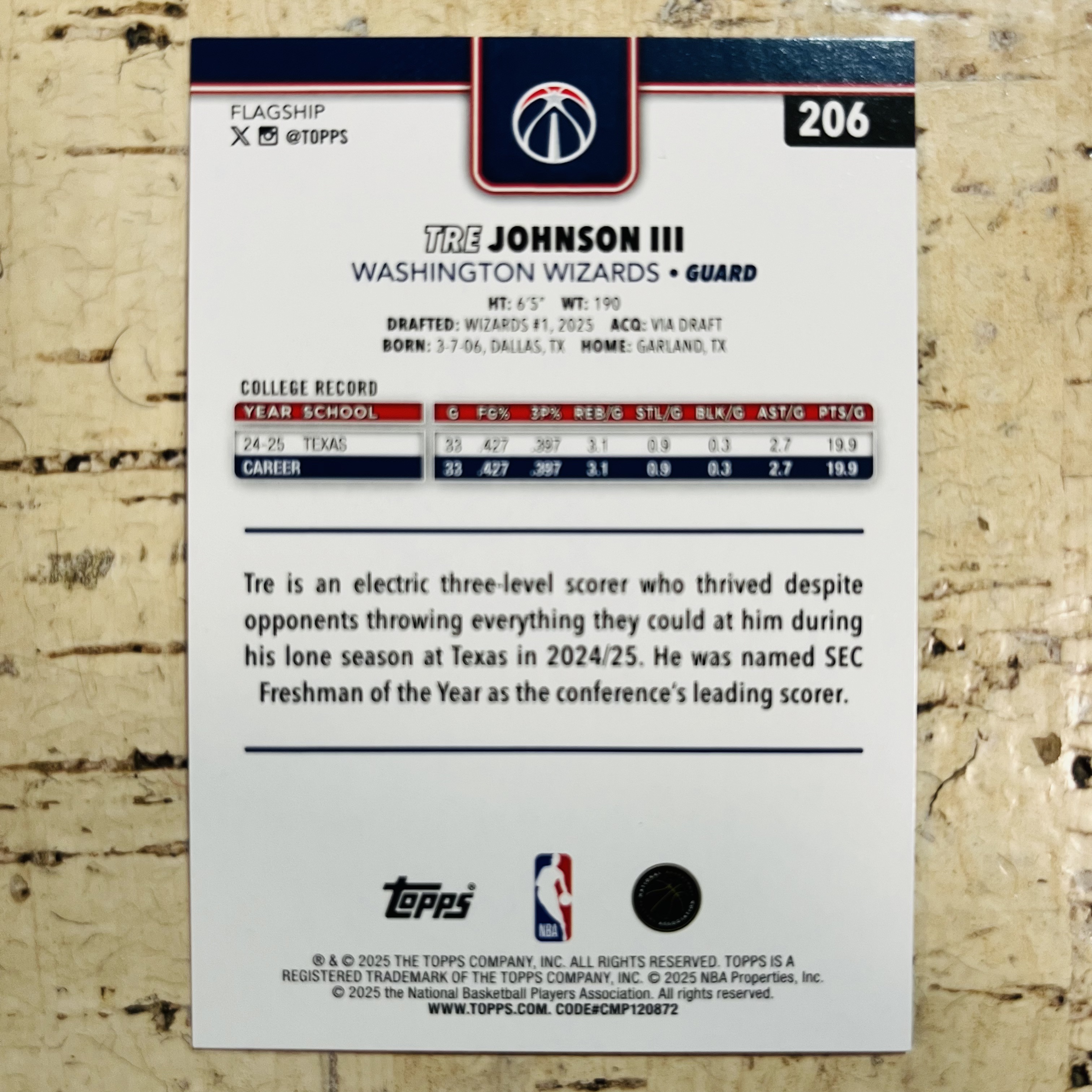 2025-26 Topps Flagship Tre Johnson RC 新秀 奇才 特雷 约翰逊 正银折 银折射 holo折 第1张 稀有折射 凑彩虹必备【小卡迷拍卖 可累积半年】