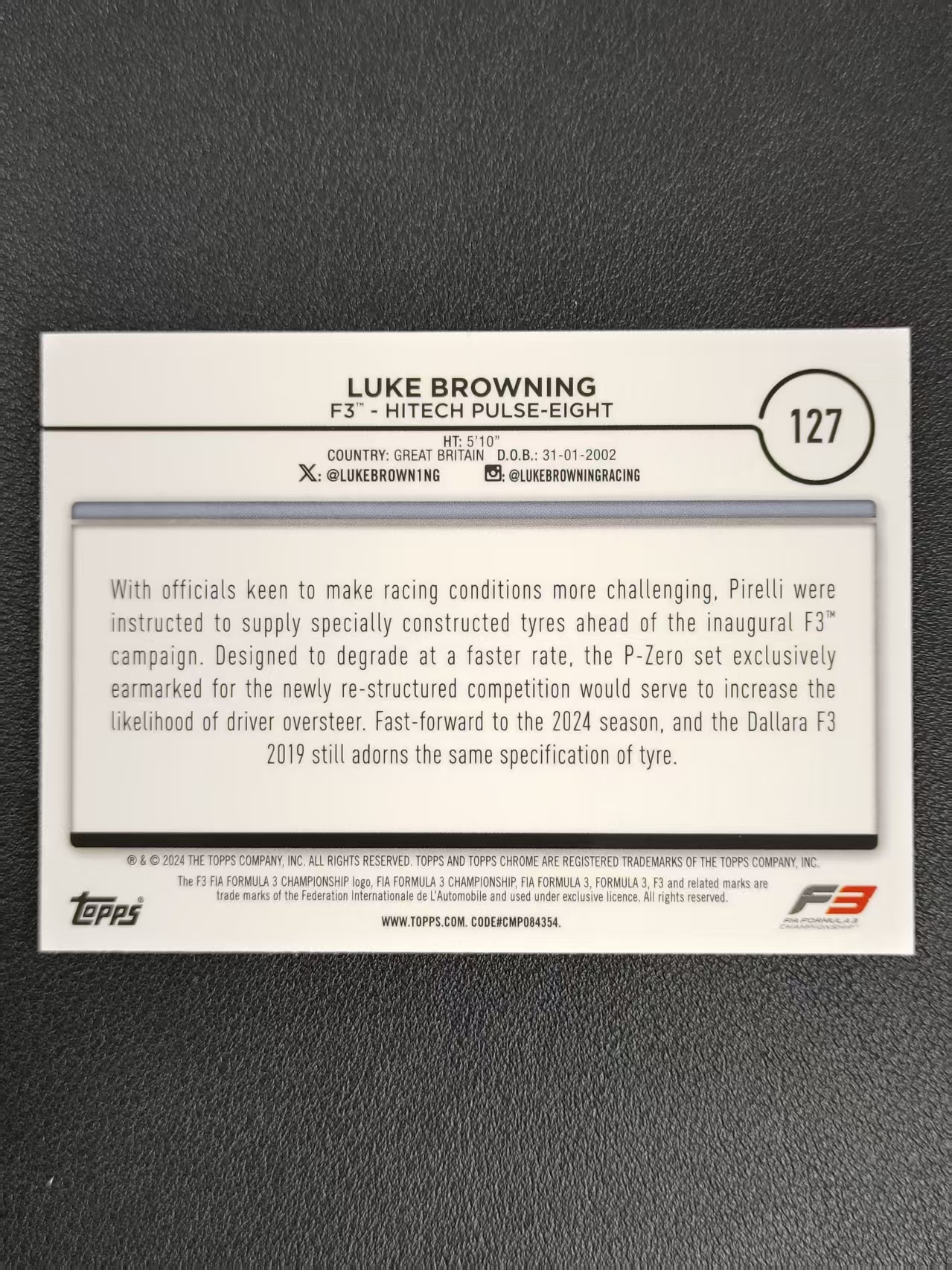 2024 Topps Chrome Luke Browning F1 卢克·布朗宁 赛车 /225编 粉红熔岩折 折射 卡品如图 NPY